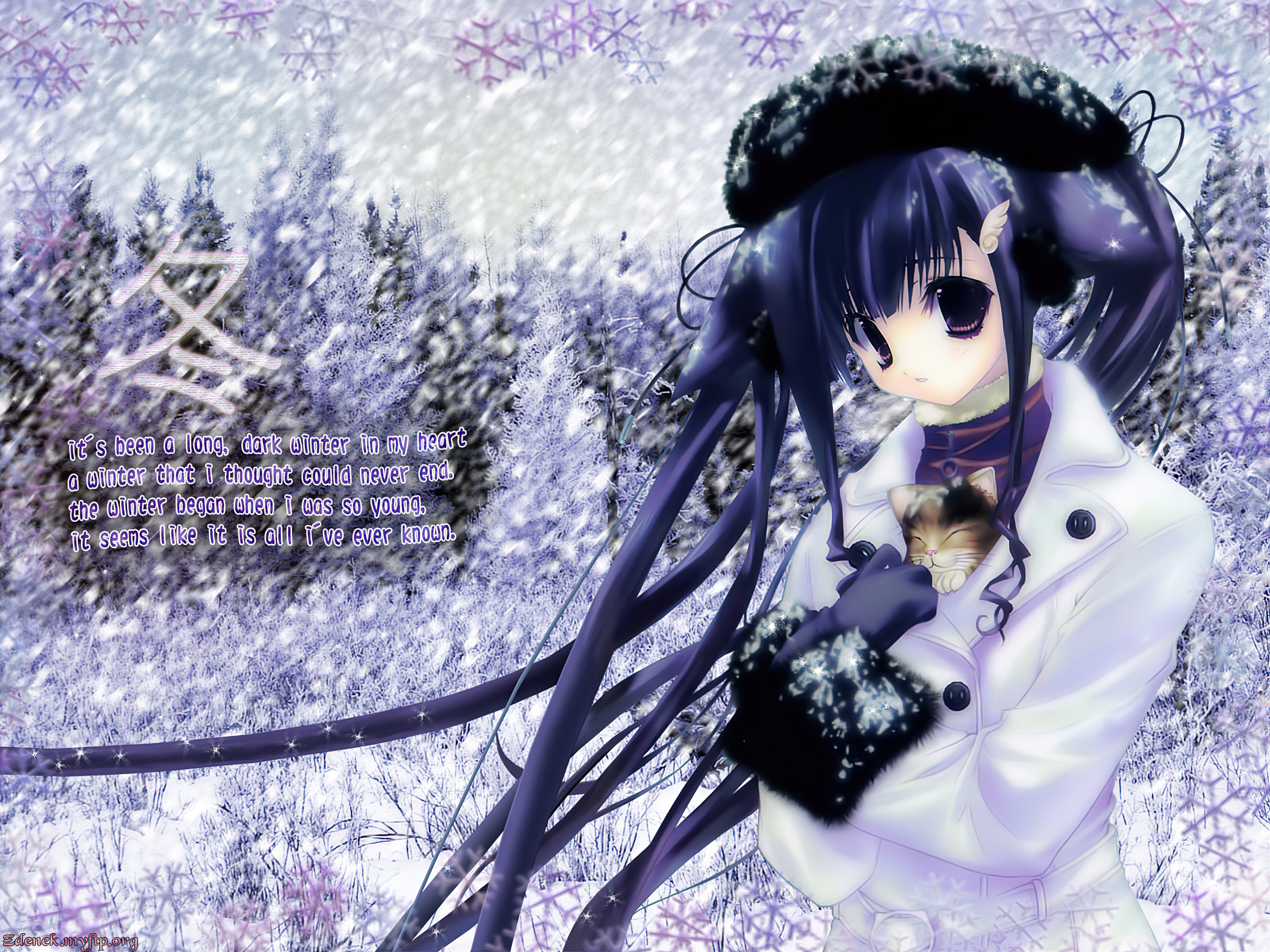 Laden Sie das Schnee, Katze, Hut, Mantel, Original, Blaue Haare, Animes, Lange Haare, Twintails-Bild kostenlos auf Ihren PC-Desktop herunter