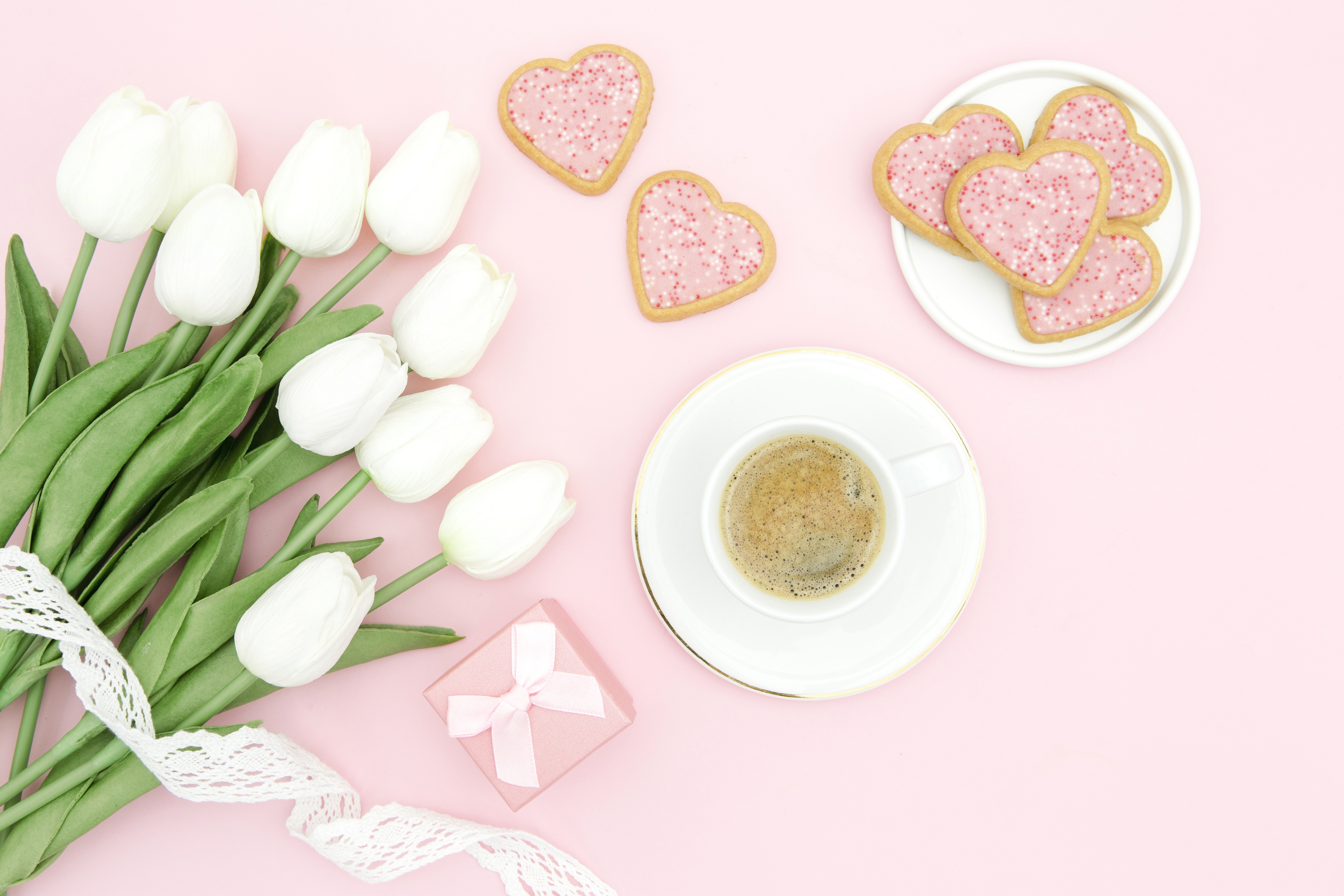 Download mobile wallpaper Food, Coffee, Still Life, Flower, Drink, Tulip, White Flower, Heart Shaped for free.