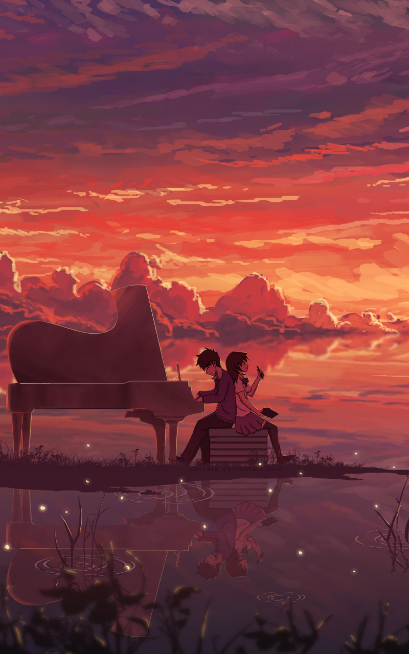 Download mobile wallpaper Anime, Sunset, Sky, Piano, Couple for free.