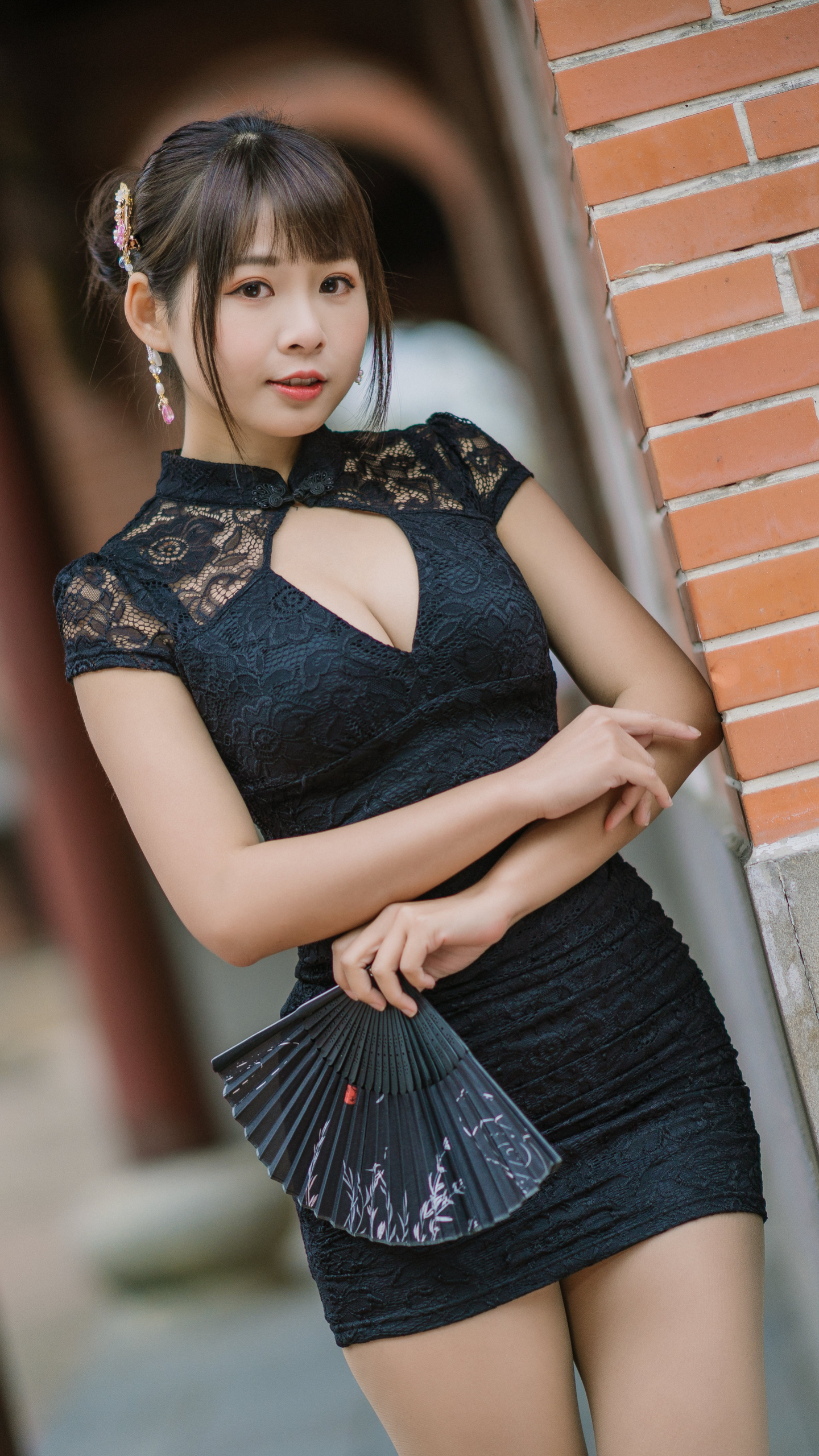 Download mobile wallpaper Brunette, Model, Women, Asian, Black Dress for free.