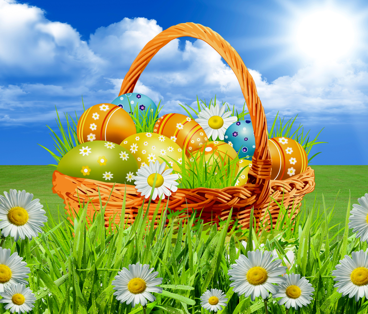 Laden Sie das Feiertage, Ostern, Blume, Korb, Gänseblümchen, Gras, Osterei-Bild kostenlos auf Ihren PC-Desktop herunter