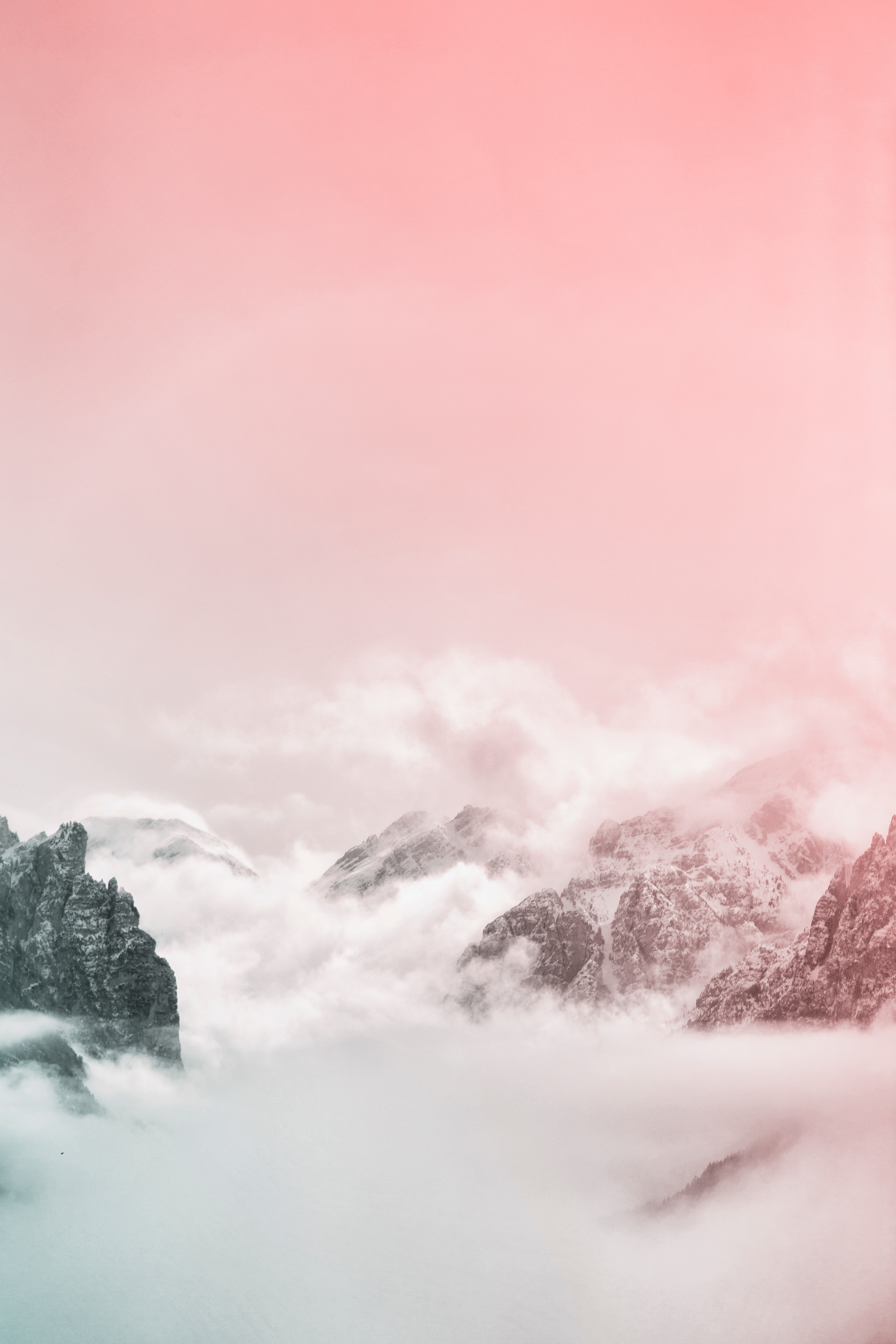 Download mobile wallpaper Vertex, Clouds, Tops, Fog, Sky, Mountains, Nature, Pink for free.