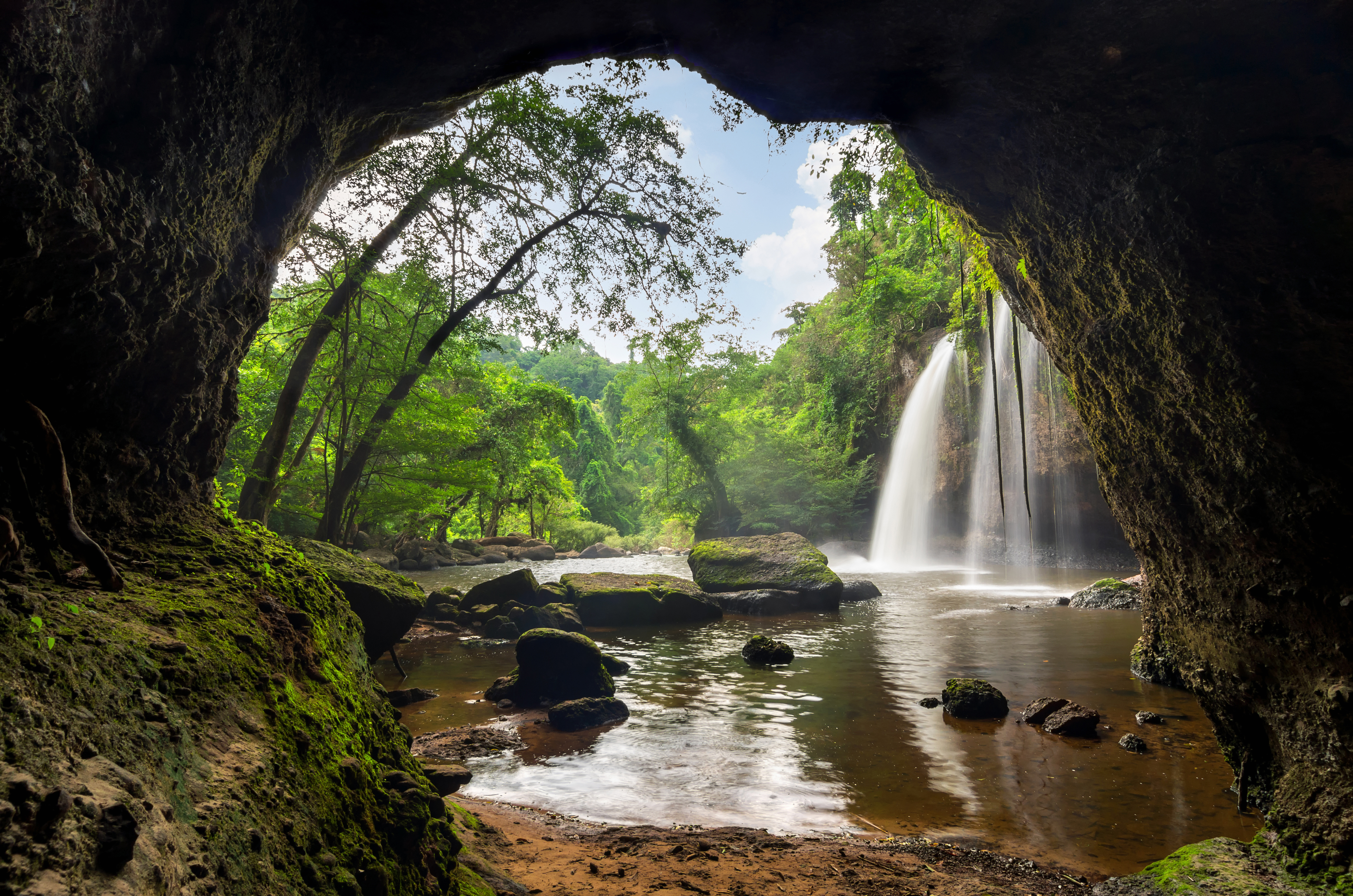 Free download wallpaper Nature, Caves, Lake, Waterfall, Tree, Earth, Cave on your PC desktop