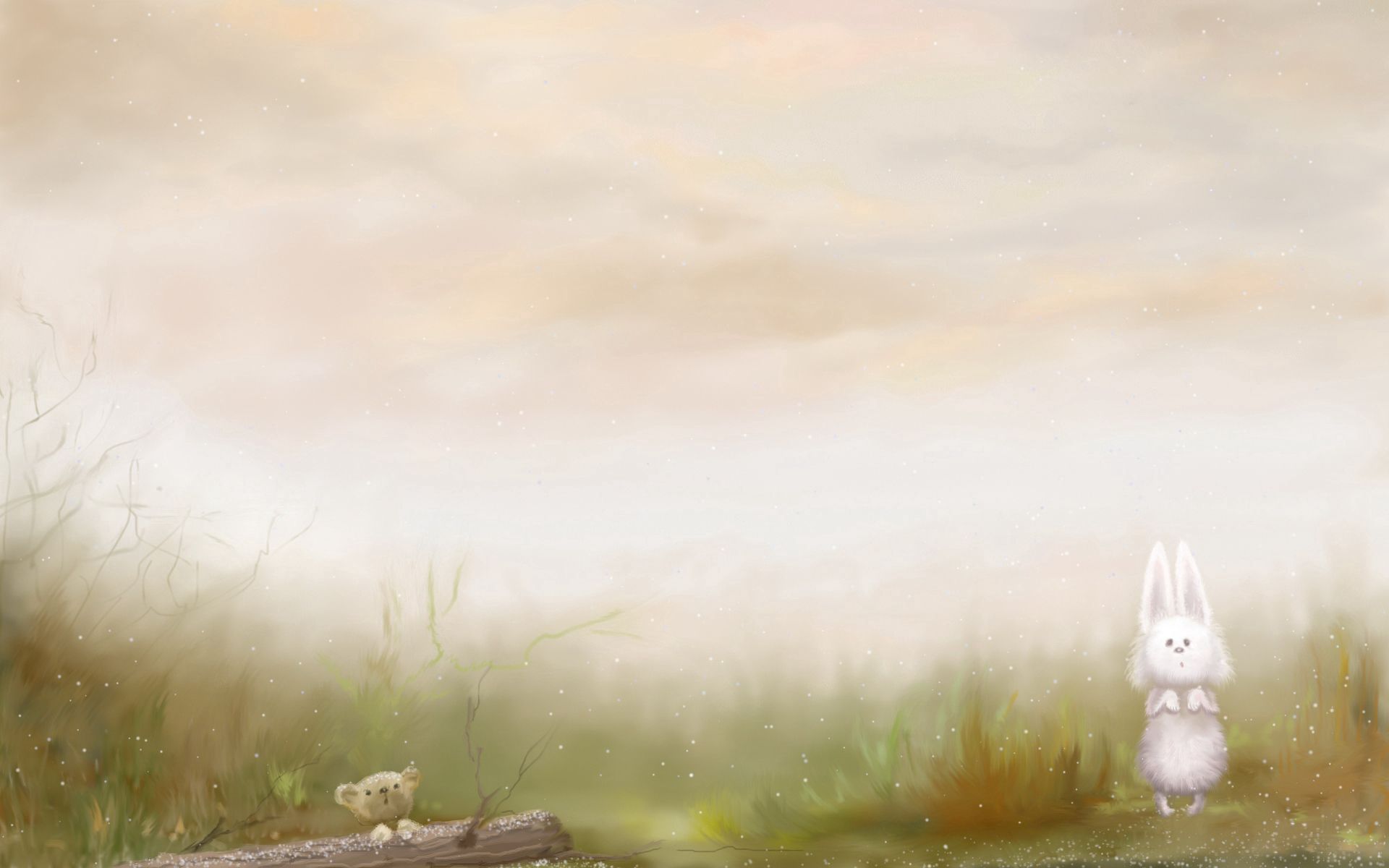 Free download wallpaper Grass, Morning, Hare, Fog, Bear, Art, Picture, Drawing on your PC desktop