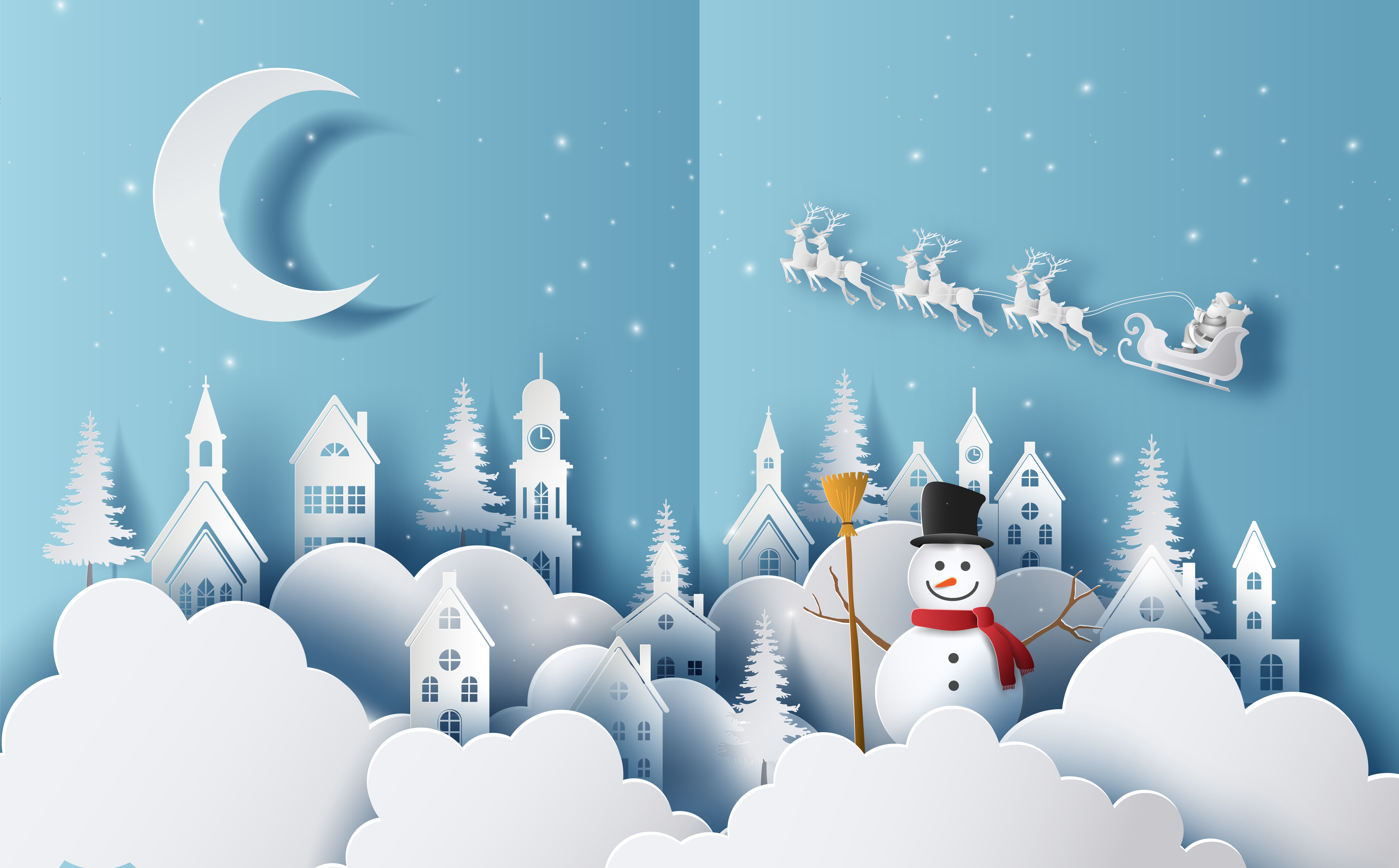 Free download wallpaper Winter, Moon, Snowman, Christmas, Holiday, Sleigh, Town on your PC desktop