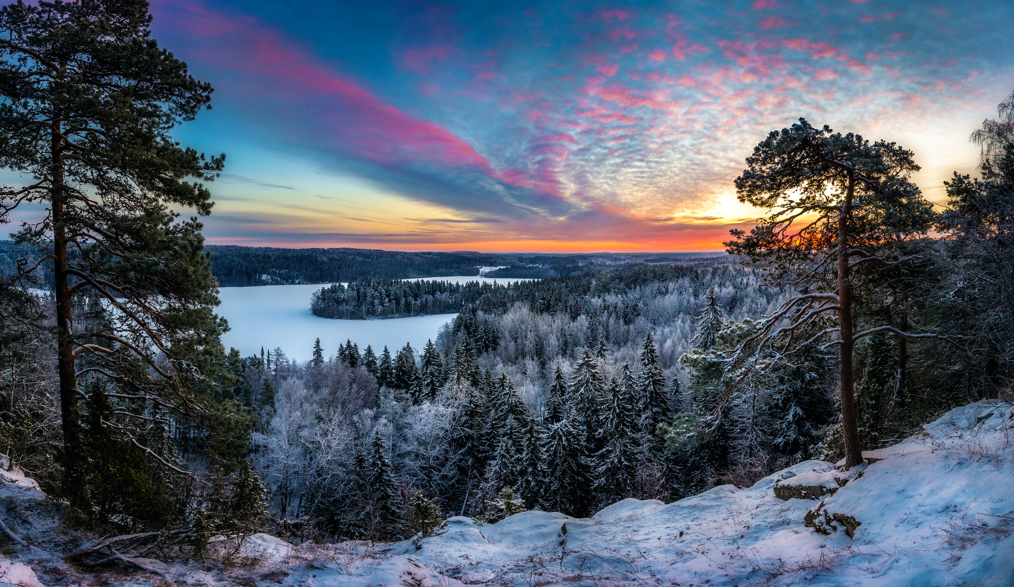 Download mobile wallpaper Winter, Sunset, Snow, Lake, Forest, Tree, Earth for free.