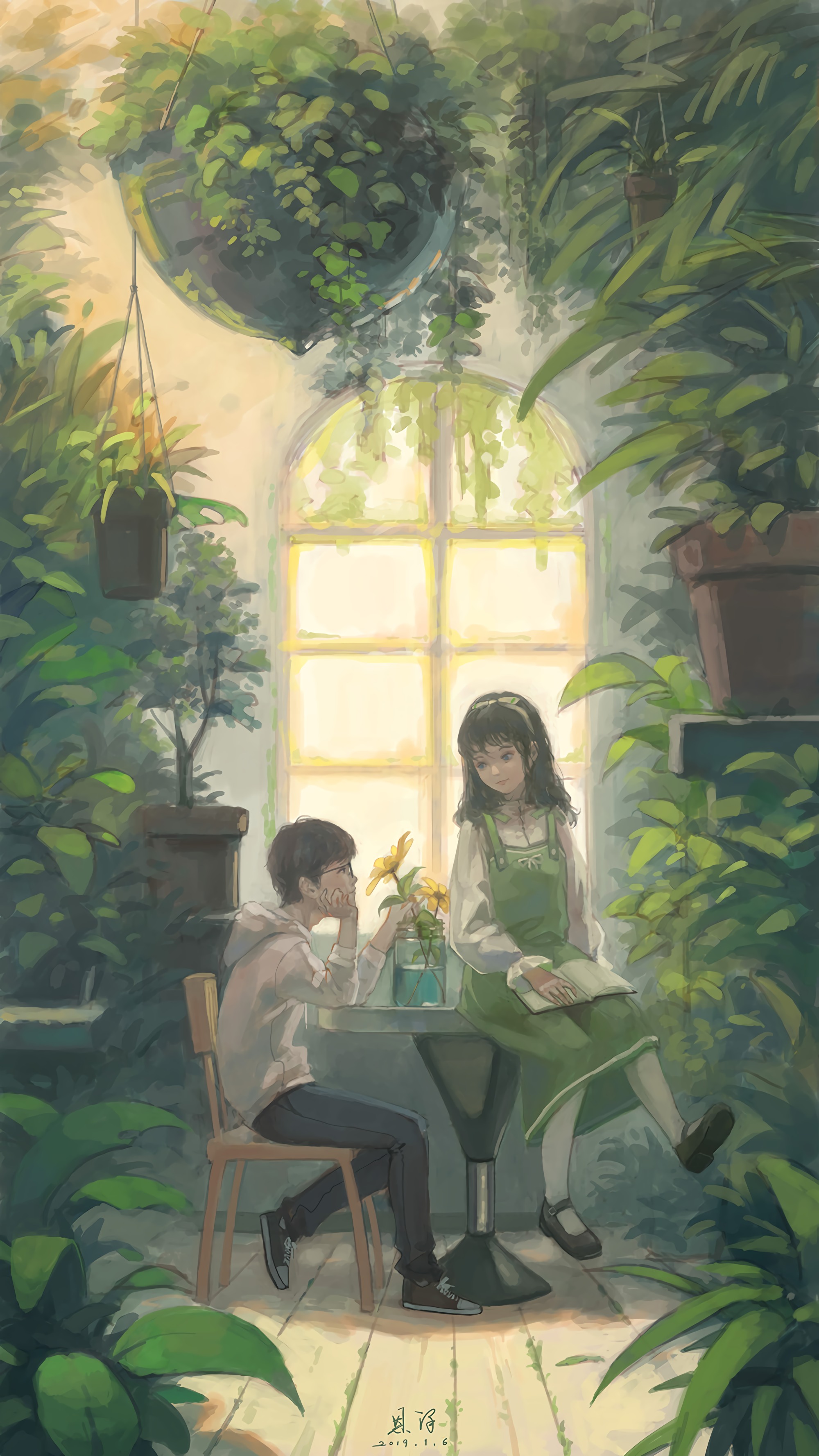 girl, art, guy, window, flowers, greenhouse HD wallpaper