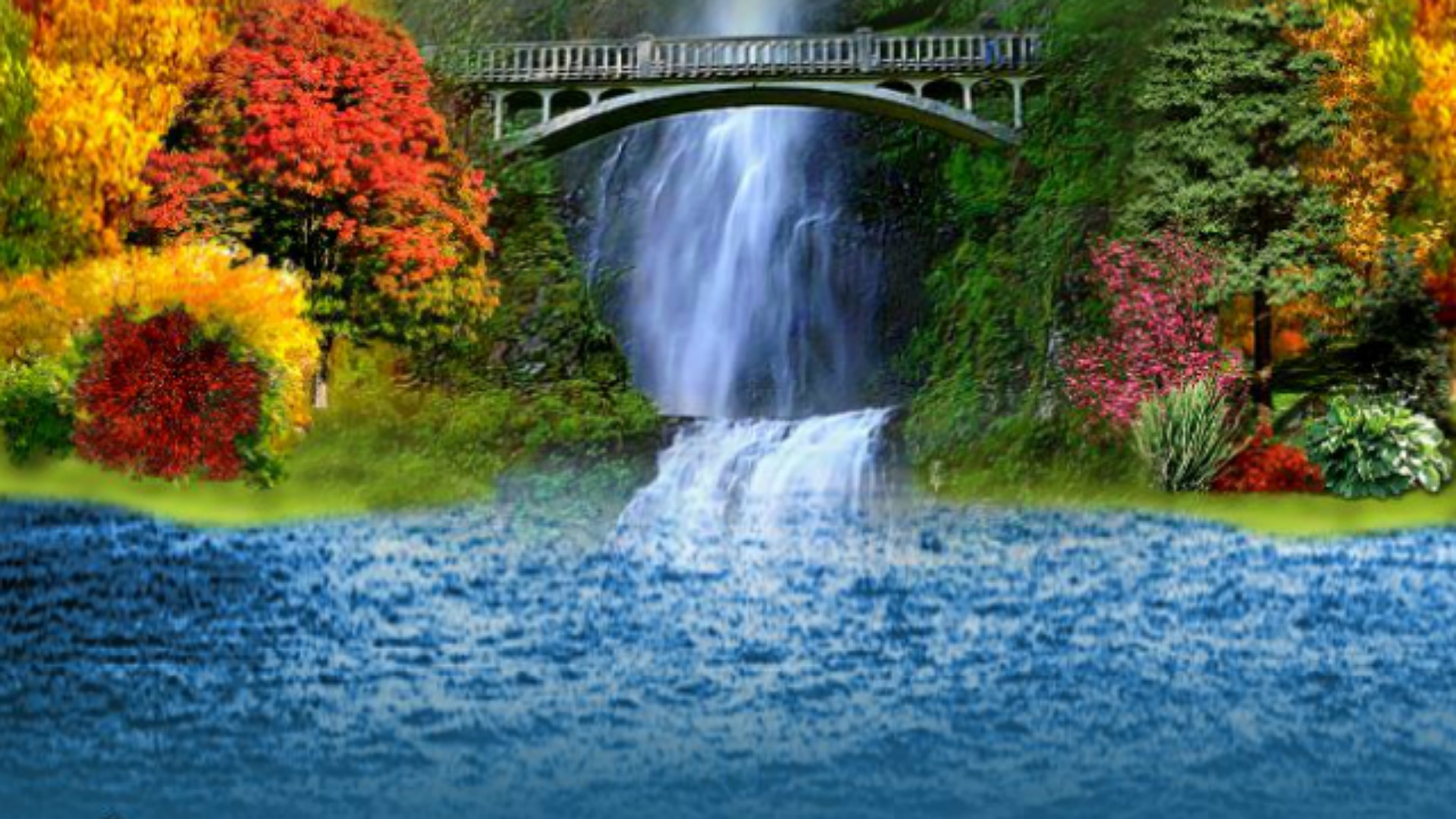 Free download wallpaper Waterfall, Forest, Fall, Earth, Bridge, River, Man Made on your PC desktop