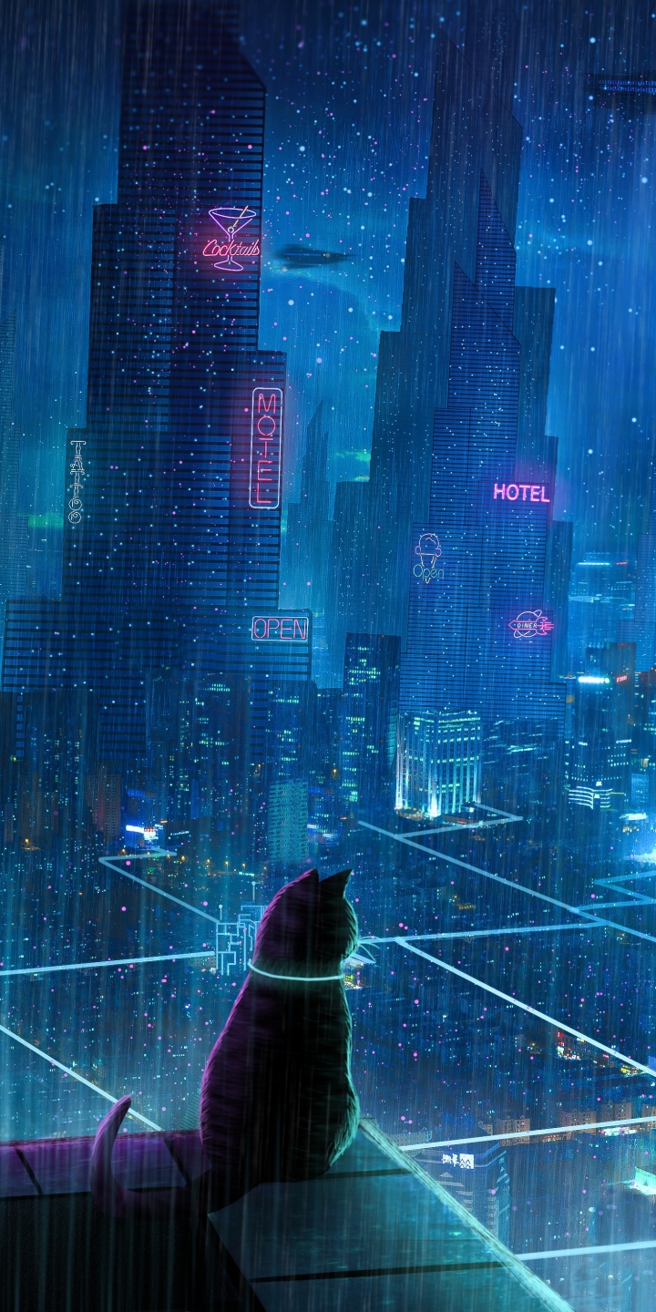 Скачать картинку Аниме, Дождь, Город, Кот, Здание, Кошка, Строительство, Научная Фантастика в телефон бесплатно.