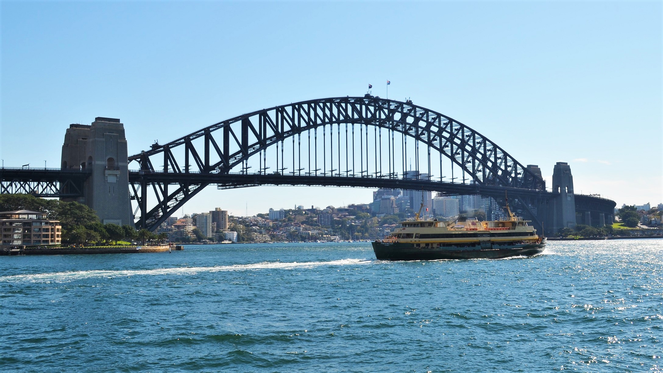 Скачать обои бесплатно Мосты, Сидней, Сделано Человеком, Сиднейский Мост Харбор Бридж, Паром картинка на рабочий стол ПК