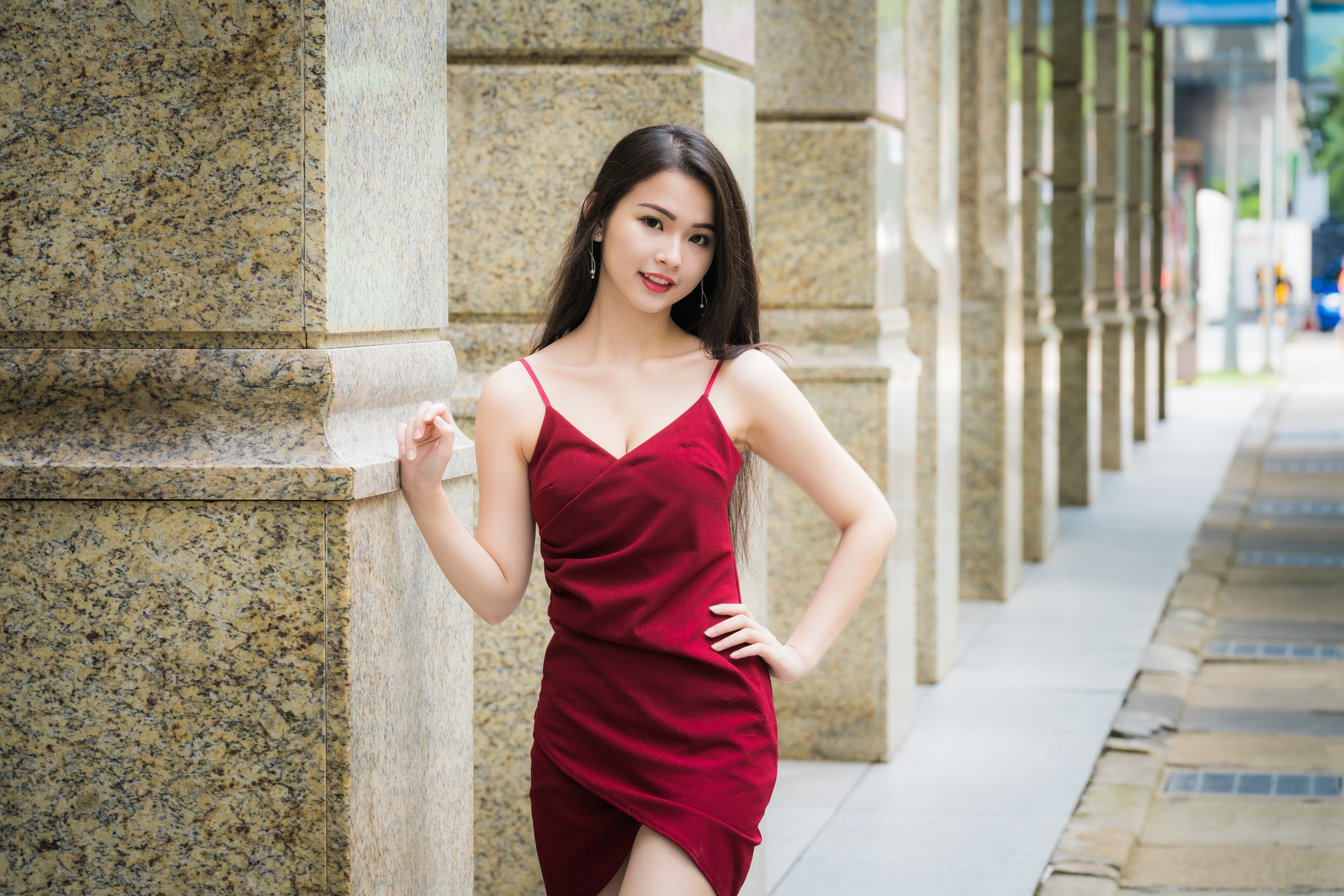 Download mobile wallpaper Model, Women, Asian, Black Hair, Red Dress, Depth Of Field for free.