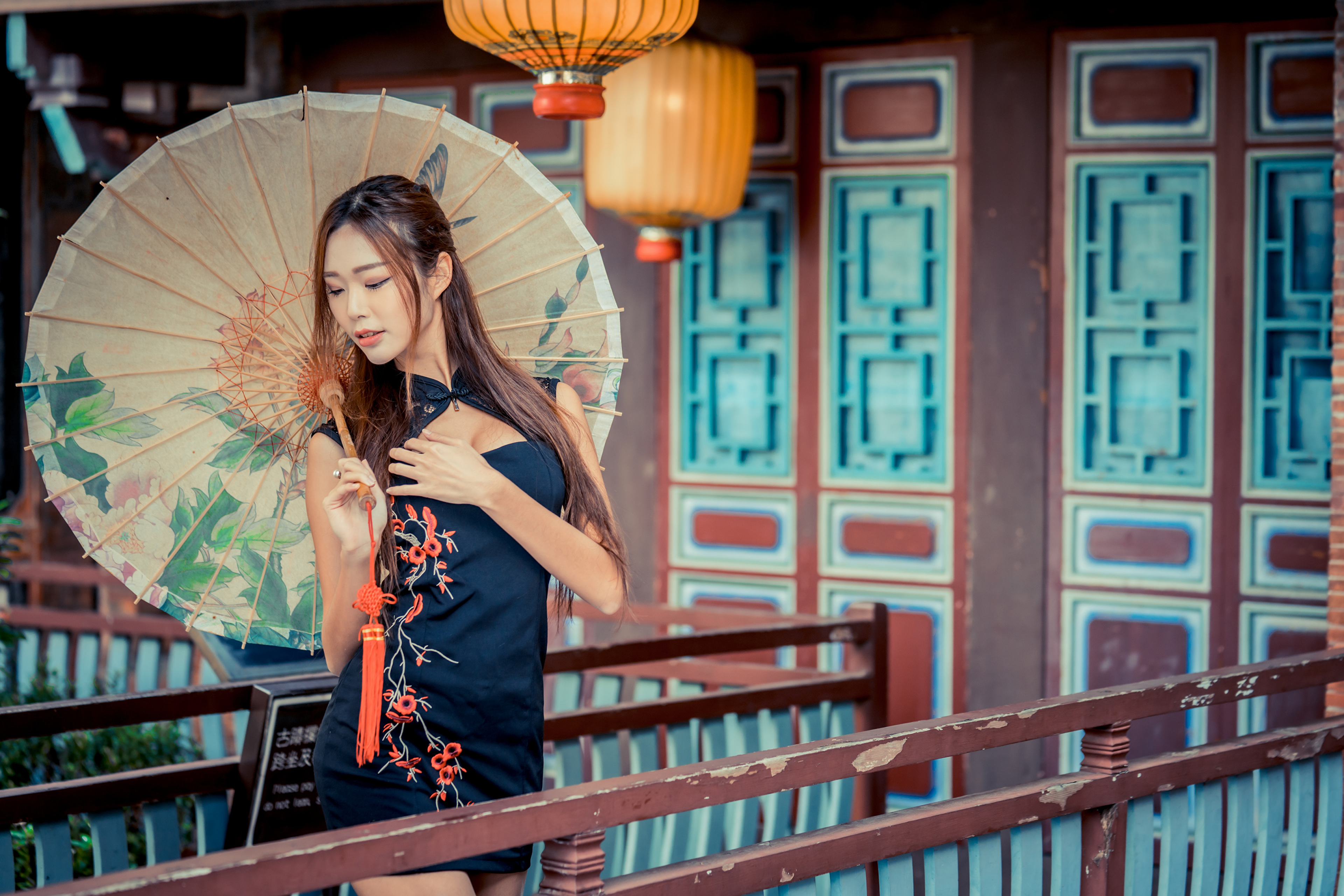 Download mobile wallpaper Umbrella, Dress, Brunette, Model, Women, Asian, Long Hair for free.