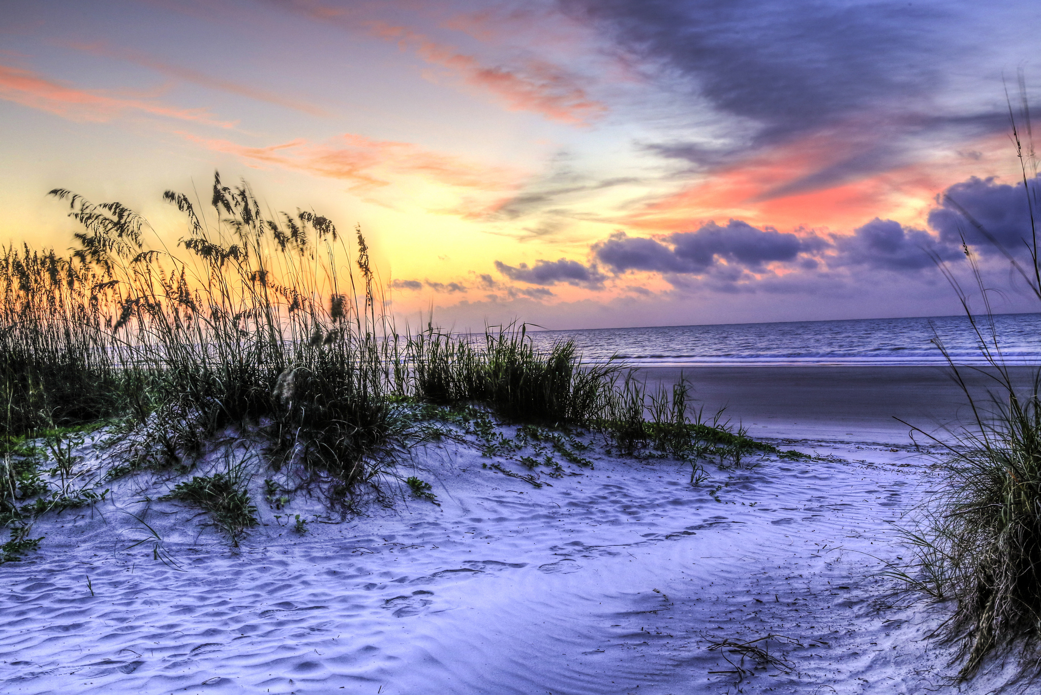 Free download wallpaper Sunset, Grass, Sea, Beach, Sand, Horizon, Ocean, Earth, Cloud on your PC desktop