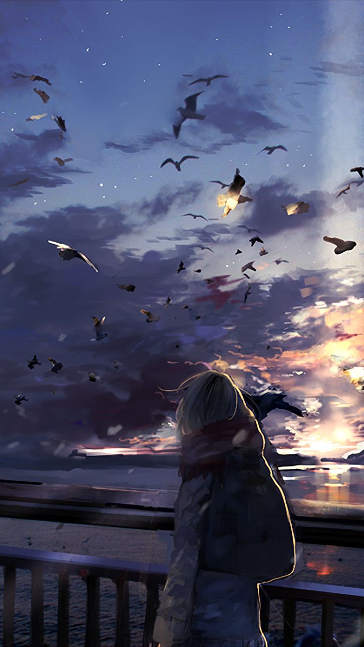 Download mobile wallpaper Anime, Sunset, Sky, Bird, Cloud, Original for free.
