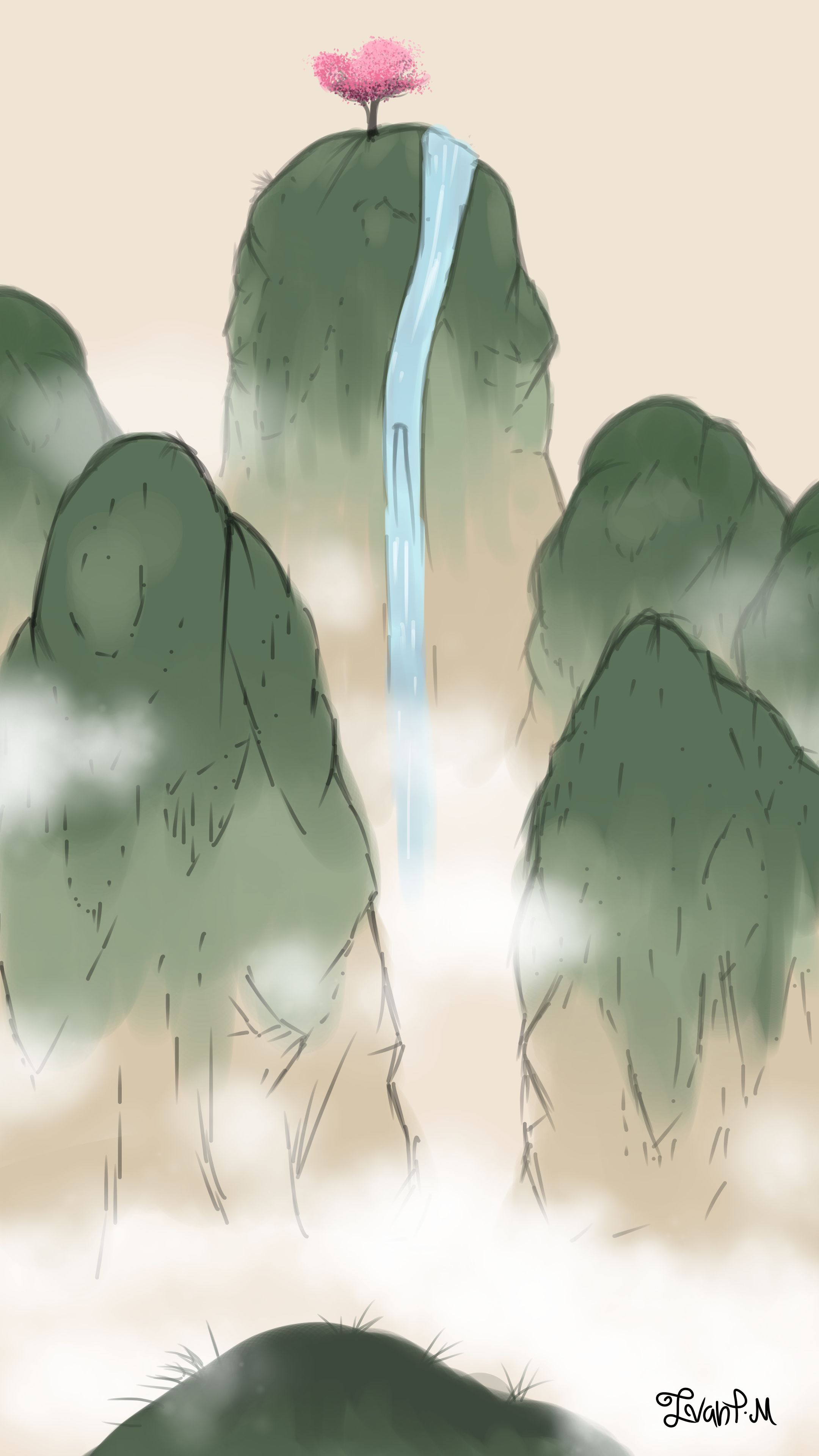 Download mobile wallpaper Mountain, Waterfall, Drawing, Artistic, Sakura Blossom for free.