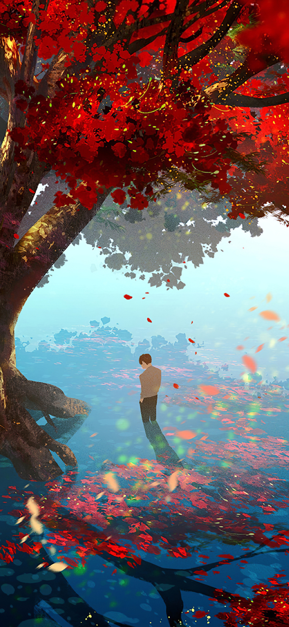 Download mobile wallpaper Anime, Reflection, Tree, Fall for free.