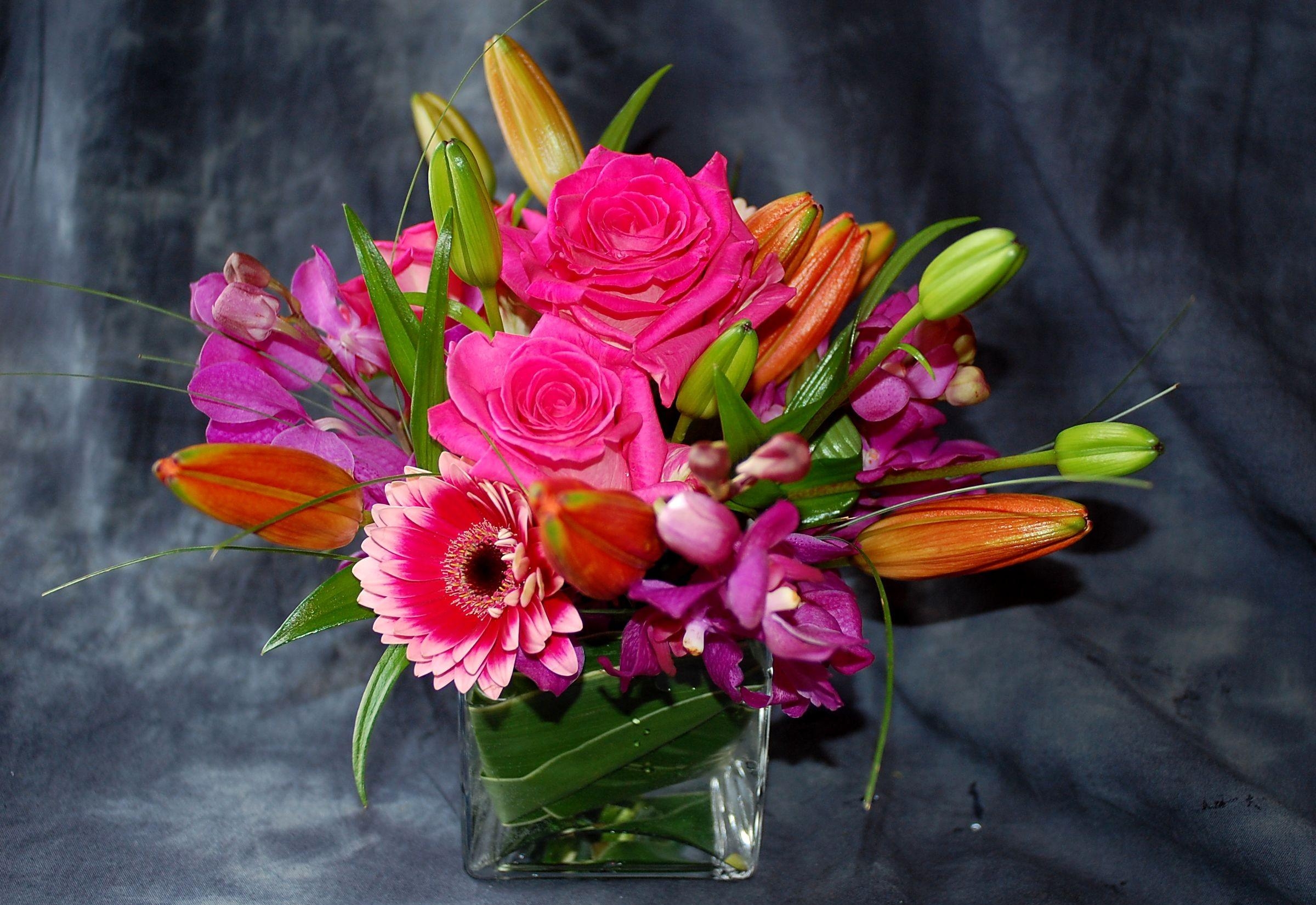Descarga gratis la imagen Flores, Gerberas, Cogollos, Composición, Roses, Brotes, Orquídeas en el escritorio de tu PC