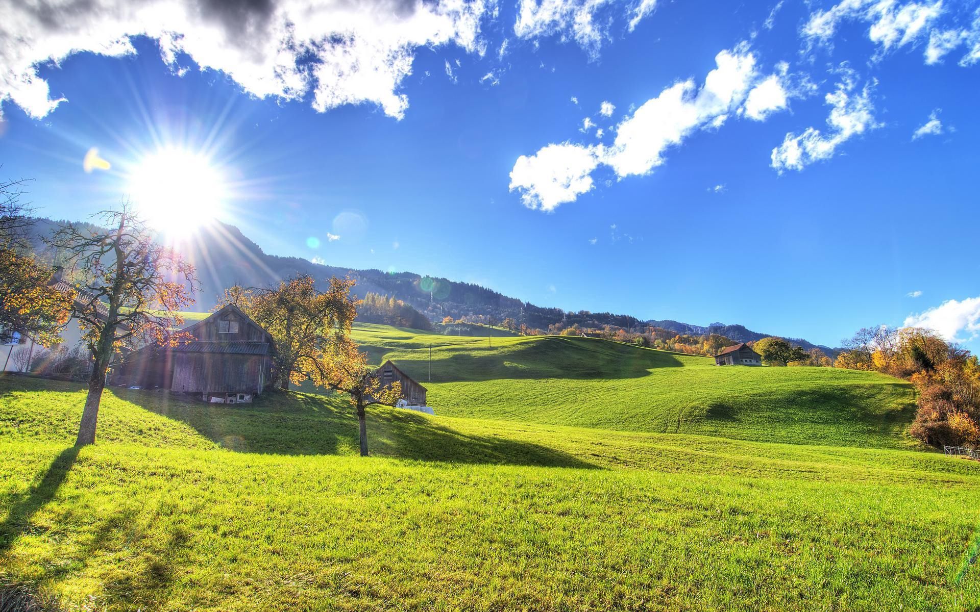 fields, lawn, warmth, small house, lodge, nature, shine, autumn, sun, light, beams, rays, heat, slopes, lawns, indian summer