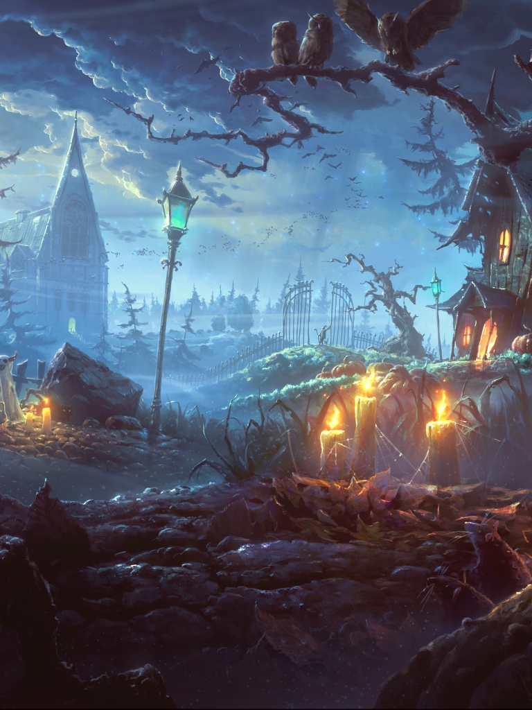 Download mobile wallpaper Halloween, Night, Holiday, Village, Scary, Jack O' Lantern for free.