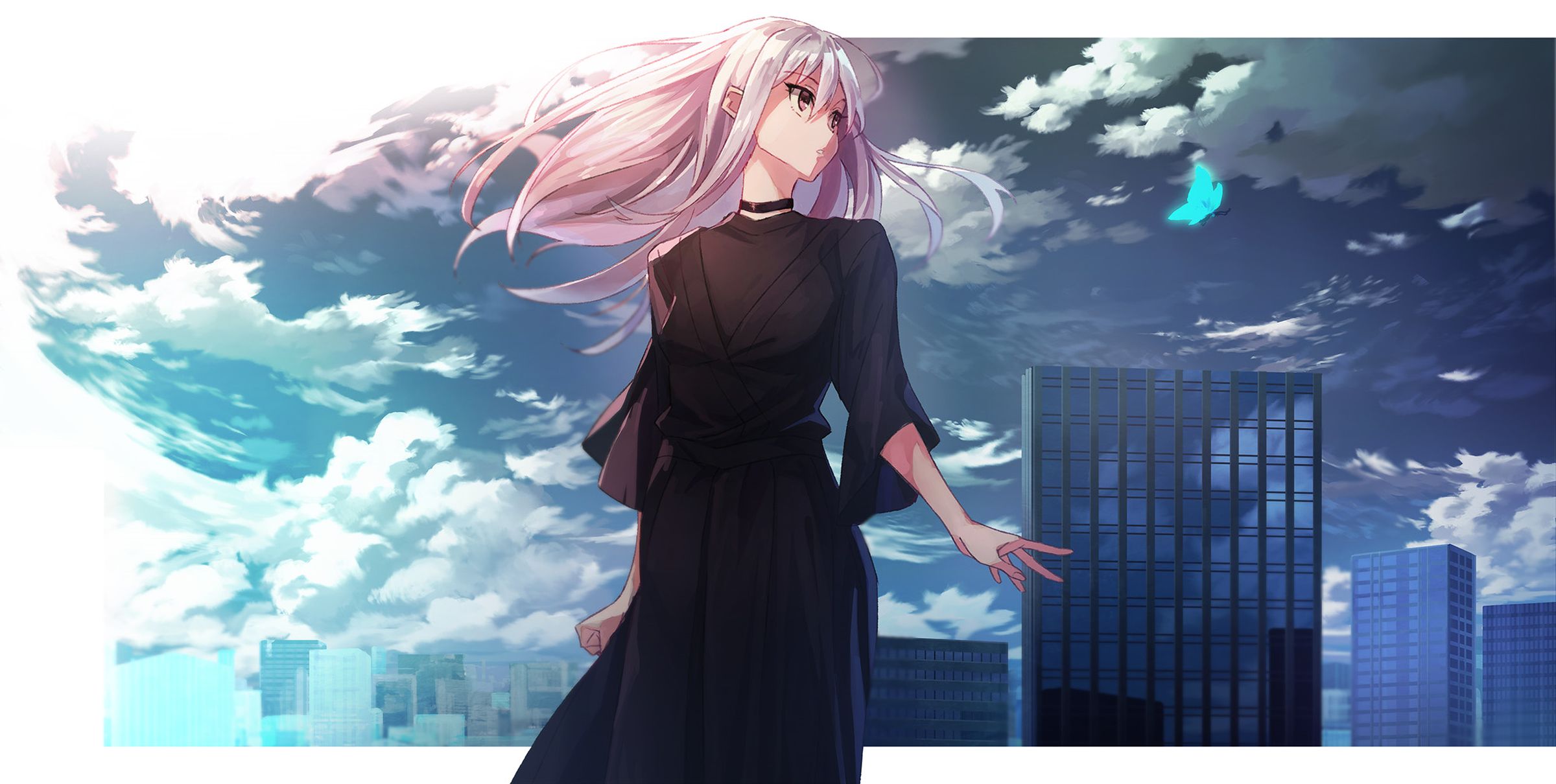 Free download wallpaper Anime, City, Butterfly, Blonde, Original, Long Hair on your PC desktop