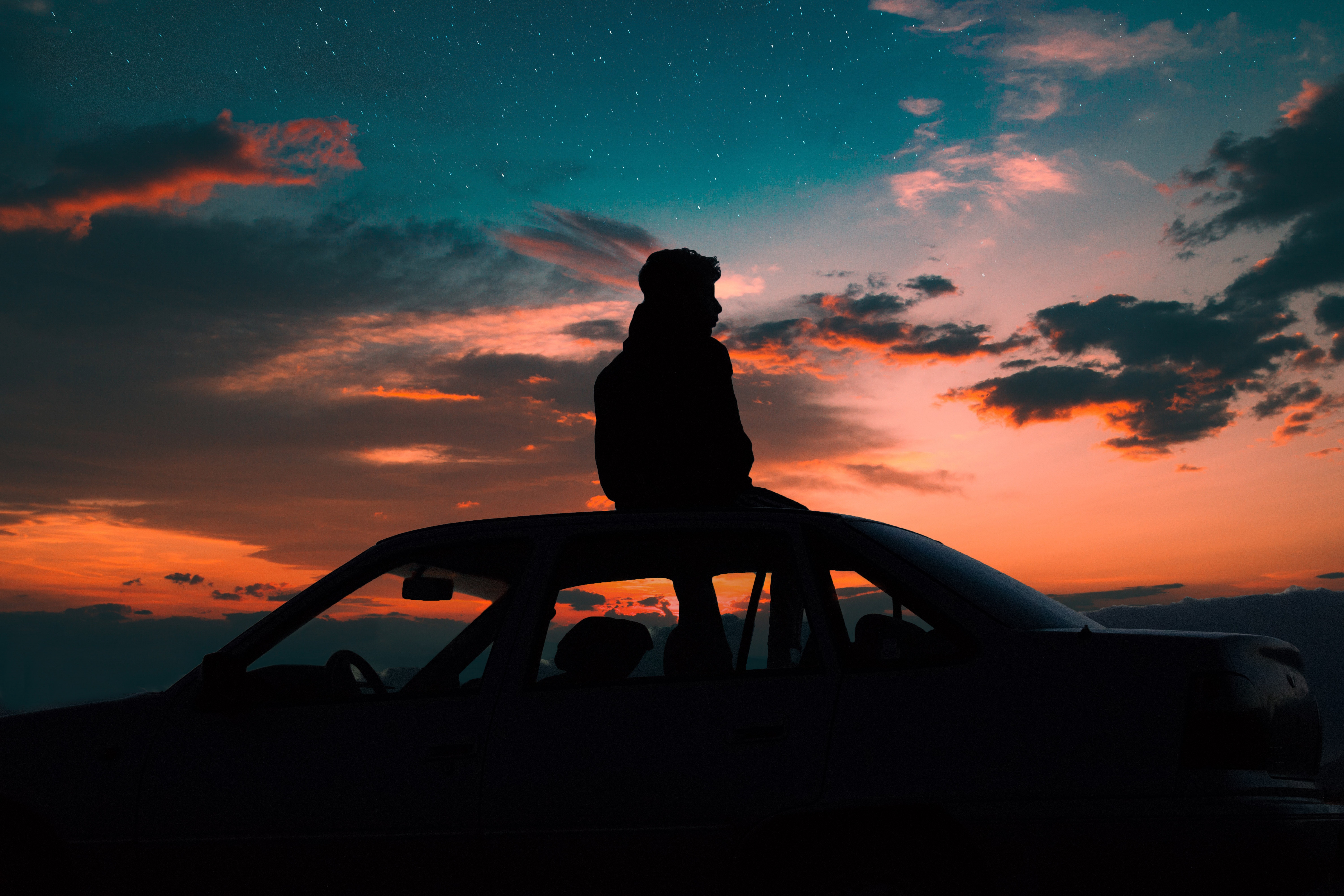 car, loneliness, dark, privacy, seclusion, starry sky, human, person