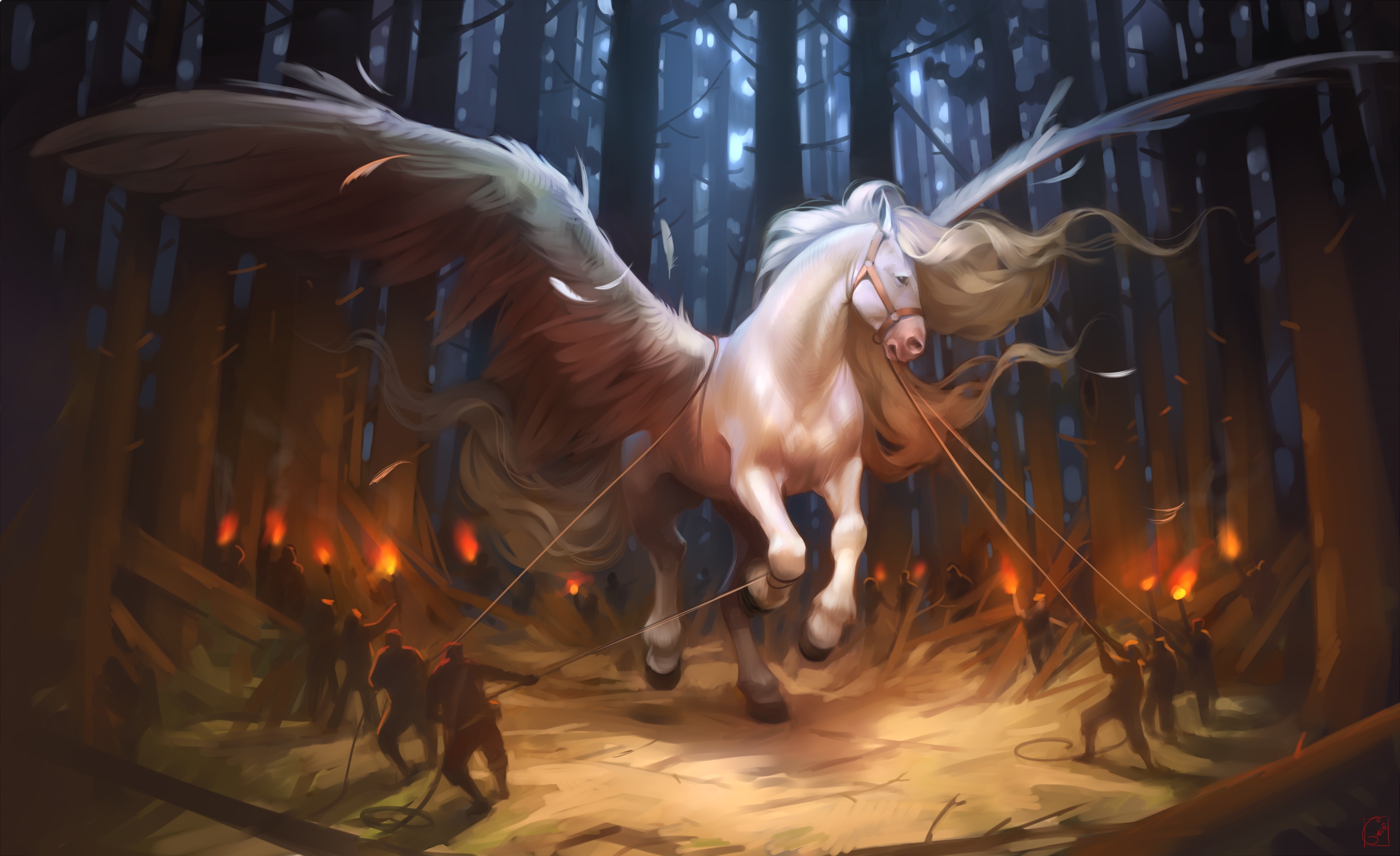 Laden Sie das Fantasie, Wald, Flügel, Pegasus, Nacht, Hauspferd, Fantasietiere-Bild kostenlos auf Ihren PC-Desktop herunter