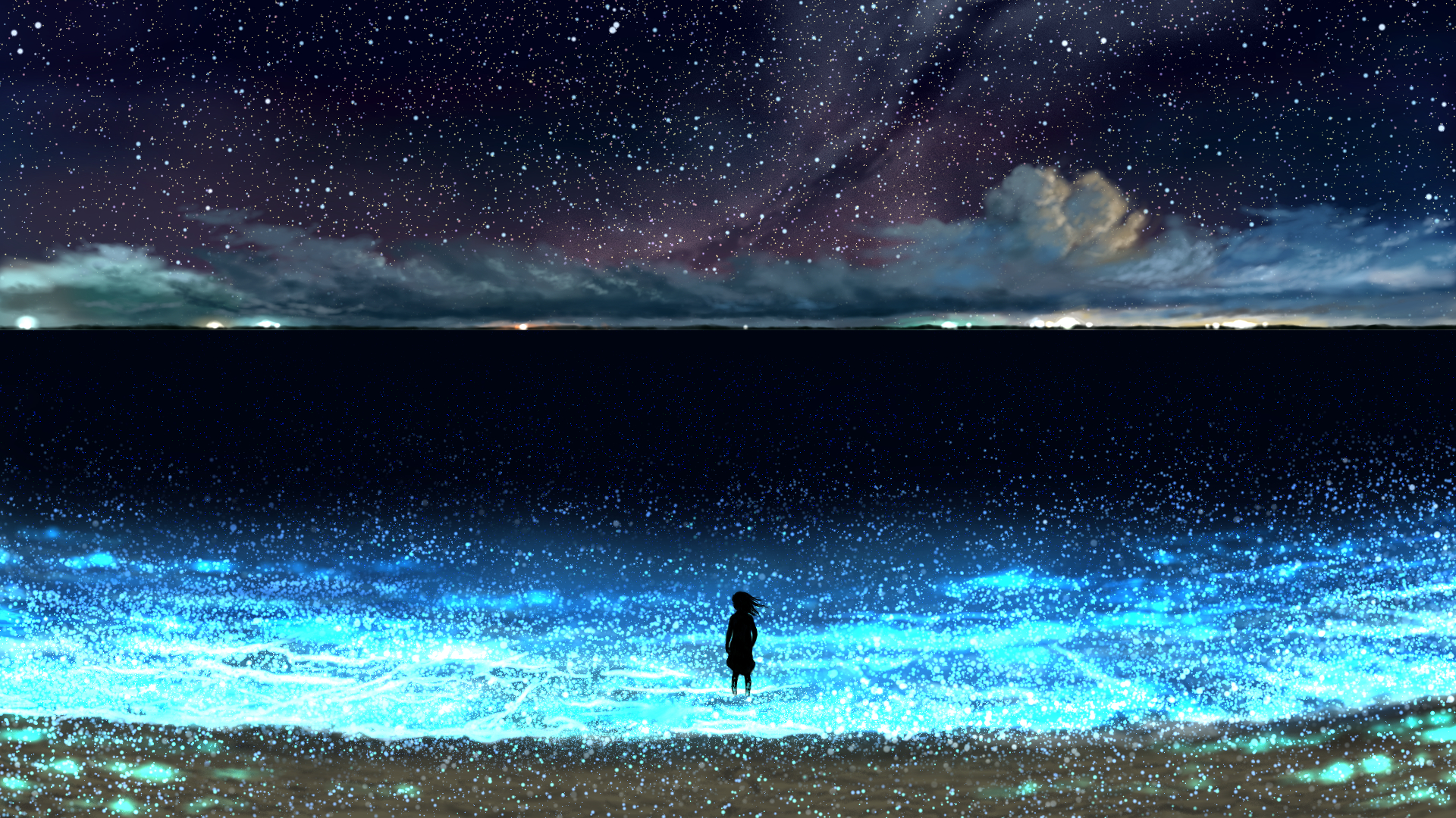Download mobile wallpaper Anime, Fantasy, Stars, Night, Beach, Light, Original for free.