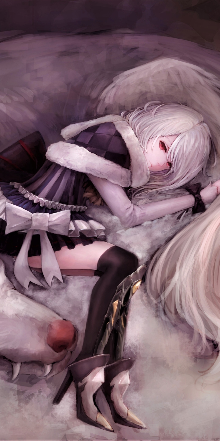 Download mobile wallpaper Anime, Wolf, Girl, Fangs, Resting, White Hair, Bow (Clothing) for free.