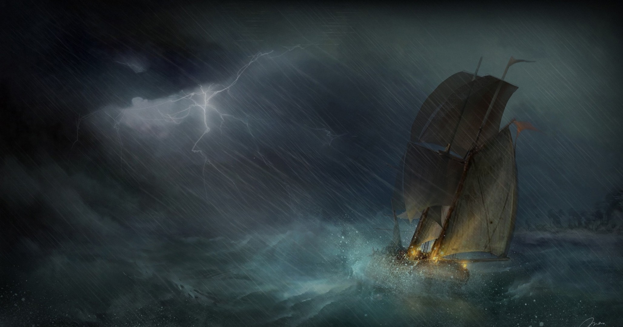 Download mobile wallpaper Rain, Lightning, Painting, Sailboat, Storm, Artistic, Wave for free.