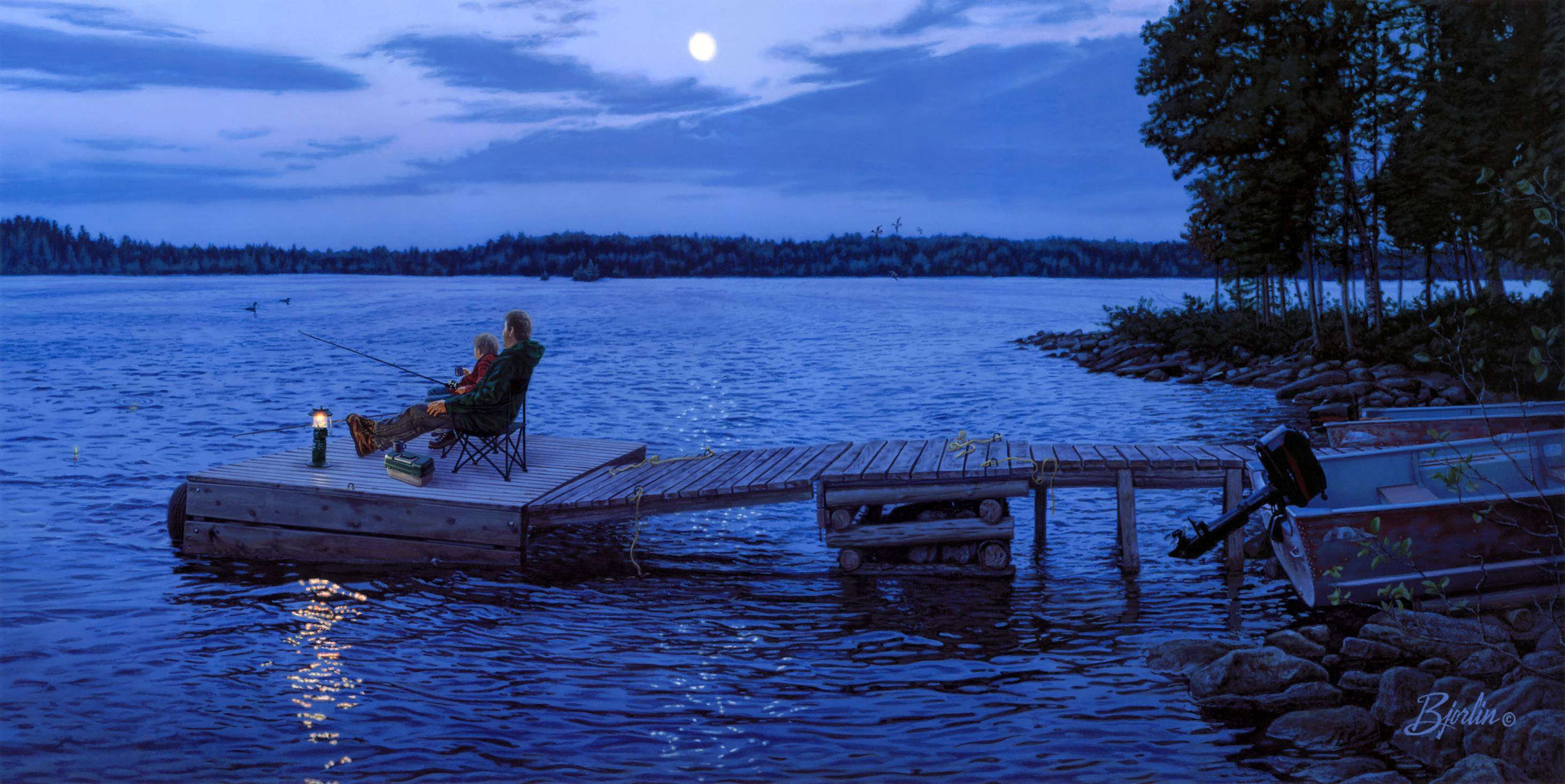 Download mobile wallpaper Twilight, Moon, Lake, Pier, Dusk, Painting, Artistic, Fishing for free.