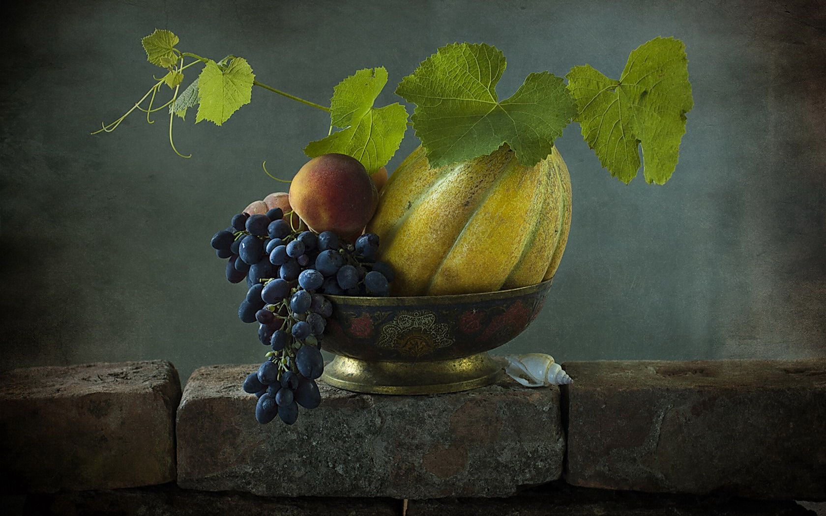 Download mobile wallpaper Grapes, Still Life, Leaf, Photography, Peach for free.