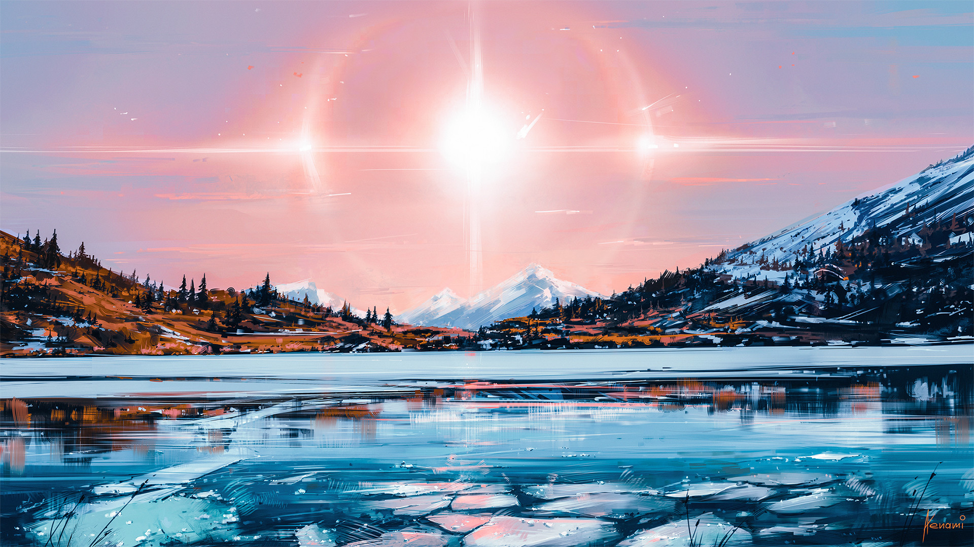 Free download wallpaper Landscape, Fantasy, Sun, Snow, Mountain, Lake, Sunshine on your PC desktop