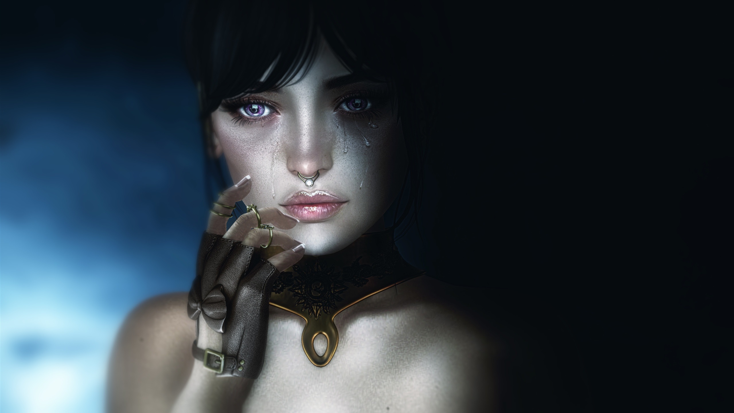 Free download wallpaper Fantasy, Close Up, Face, Women, Tears, Purple Eyes, Crying on your PC desktop