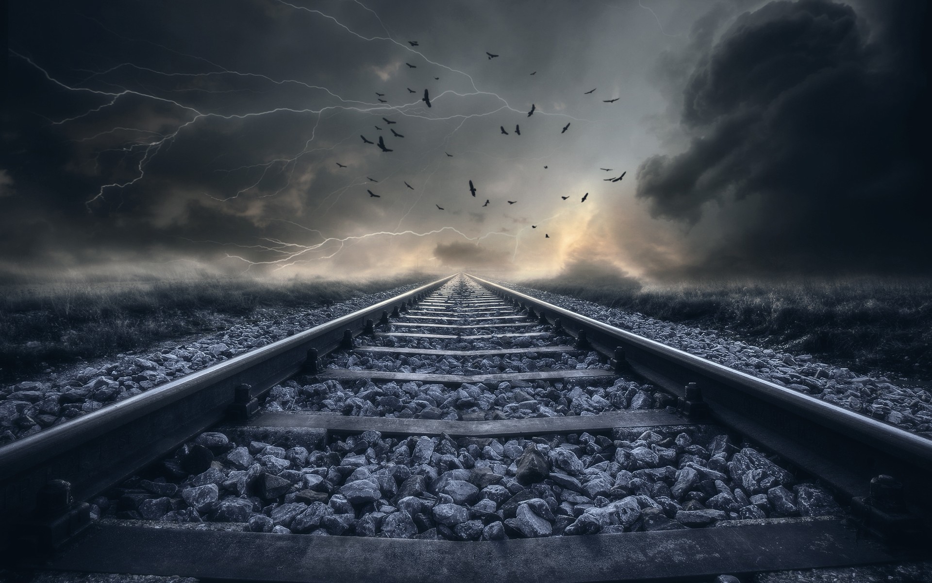 Download mobile wallpaper Lightning, Bird, Cloud, Railroad, Man Made for free.