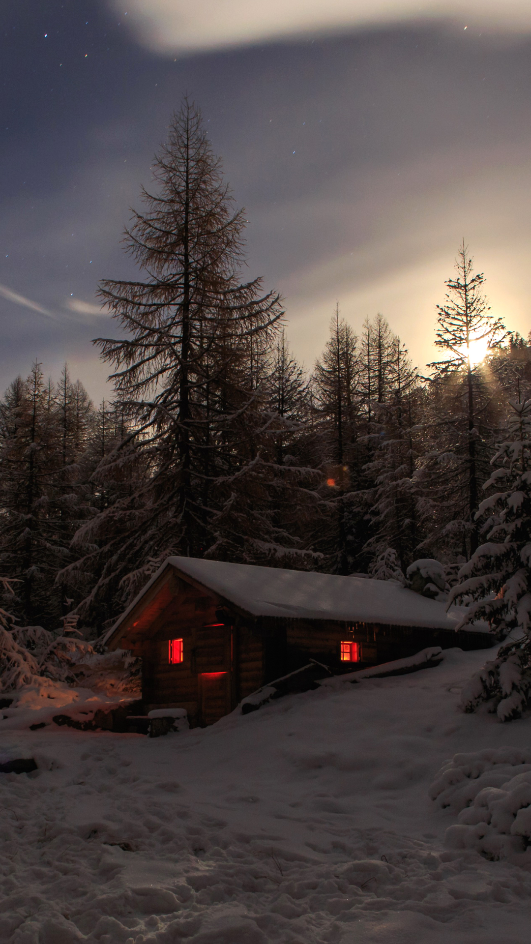 Download mobile wallpaper Winter, Night, Snow, Light, Tree, Photography, Cabin for free.
