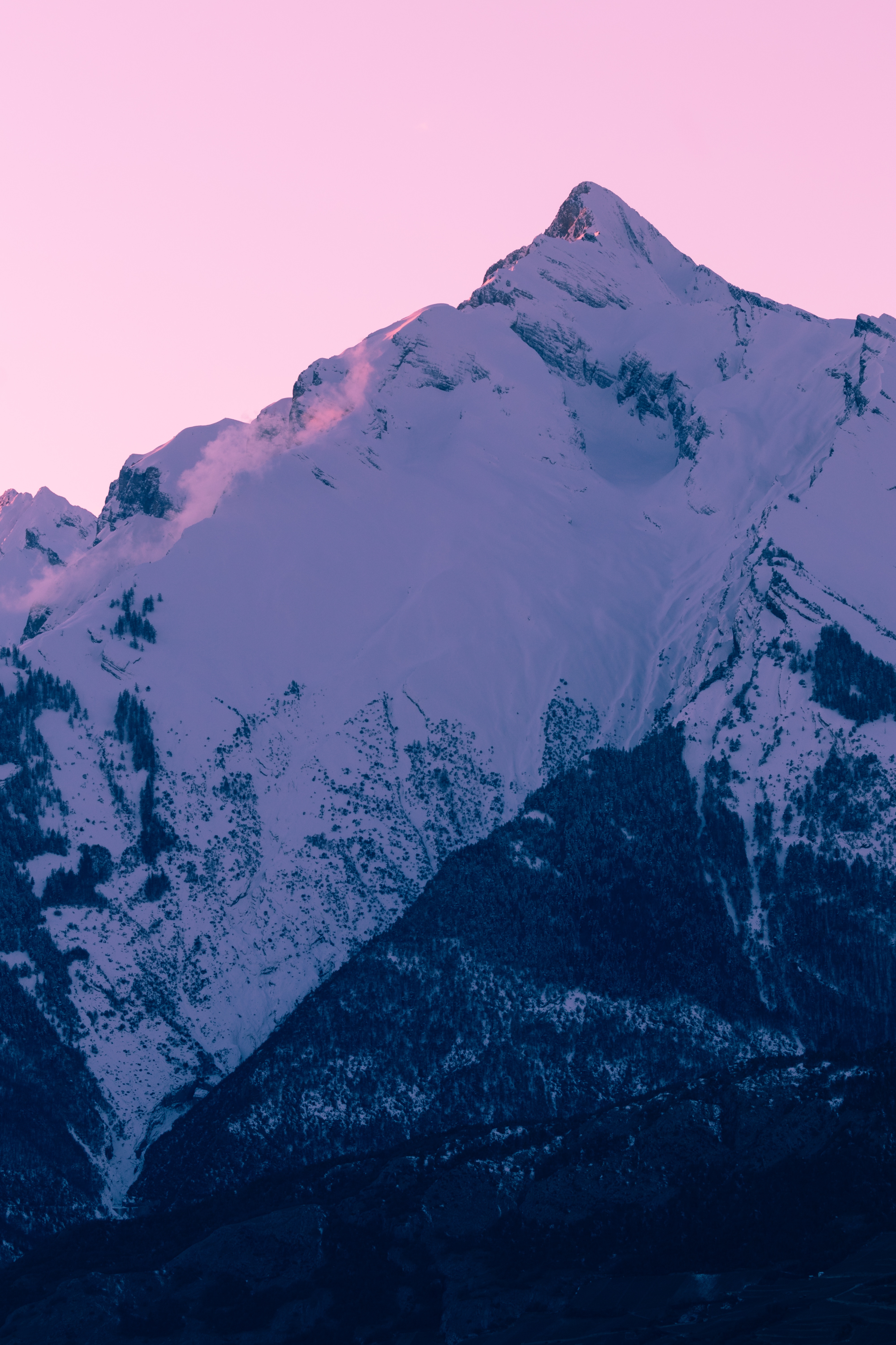 android winter, nature, sunset, sky, pink, snow, mountain, peak