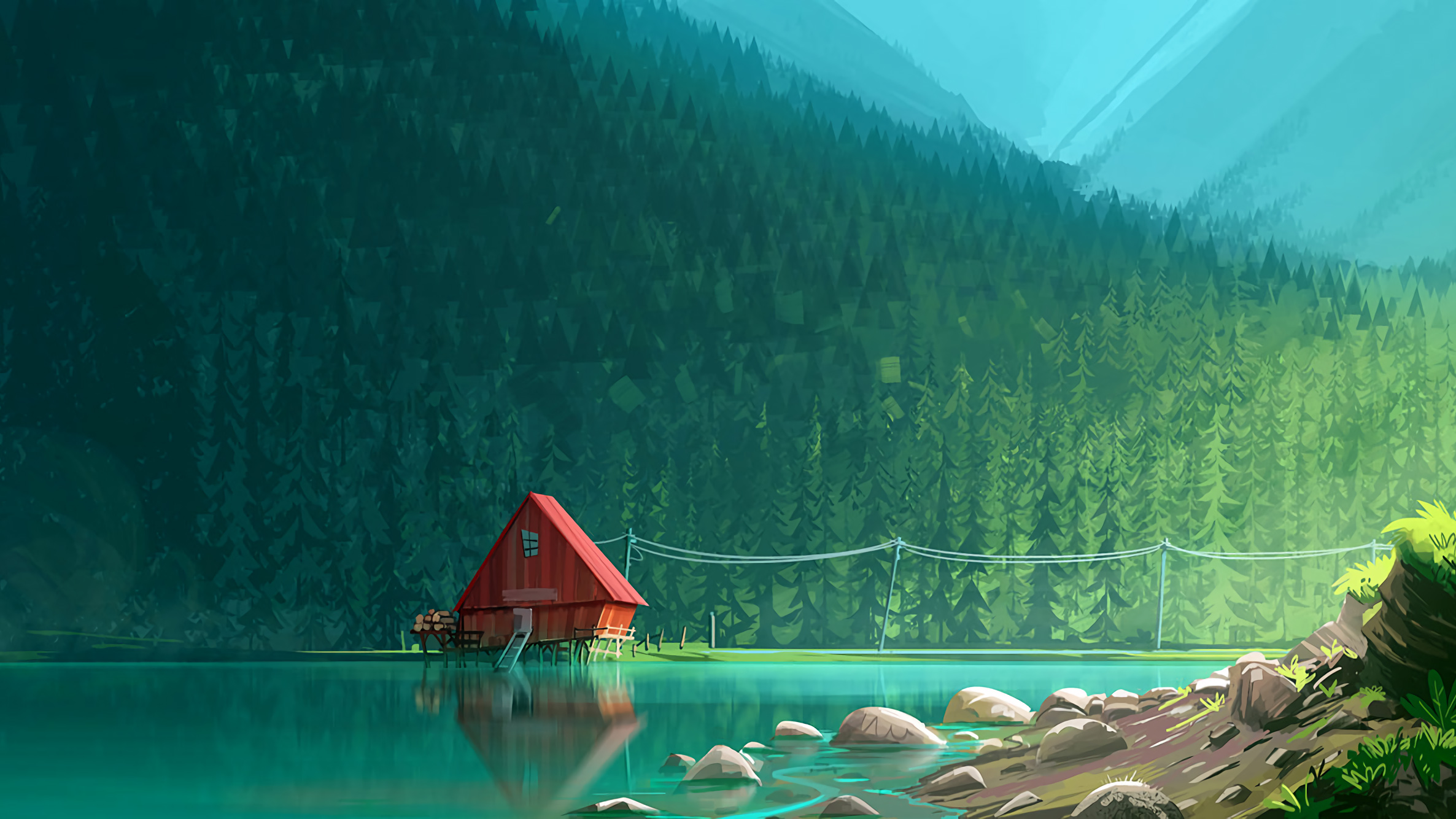 Download mobile wallpaper Fantasy, Lake, Reflection, Forest, House for free.