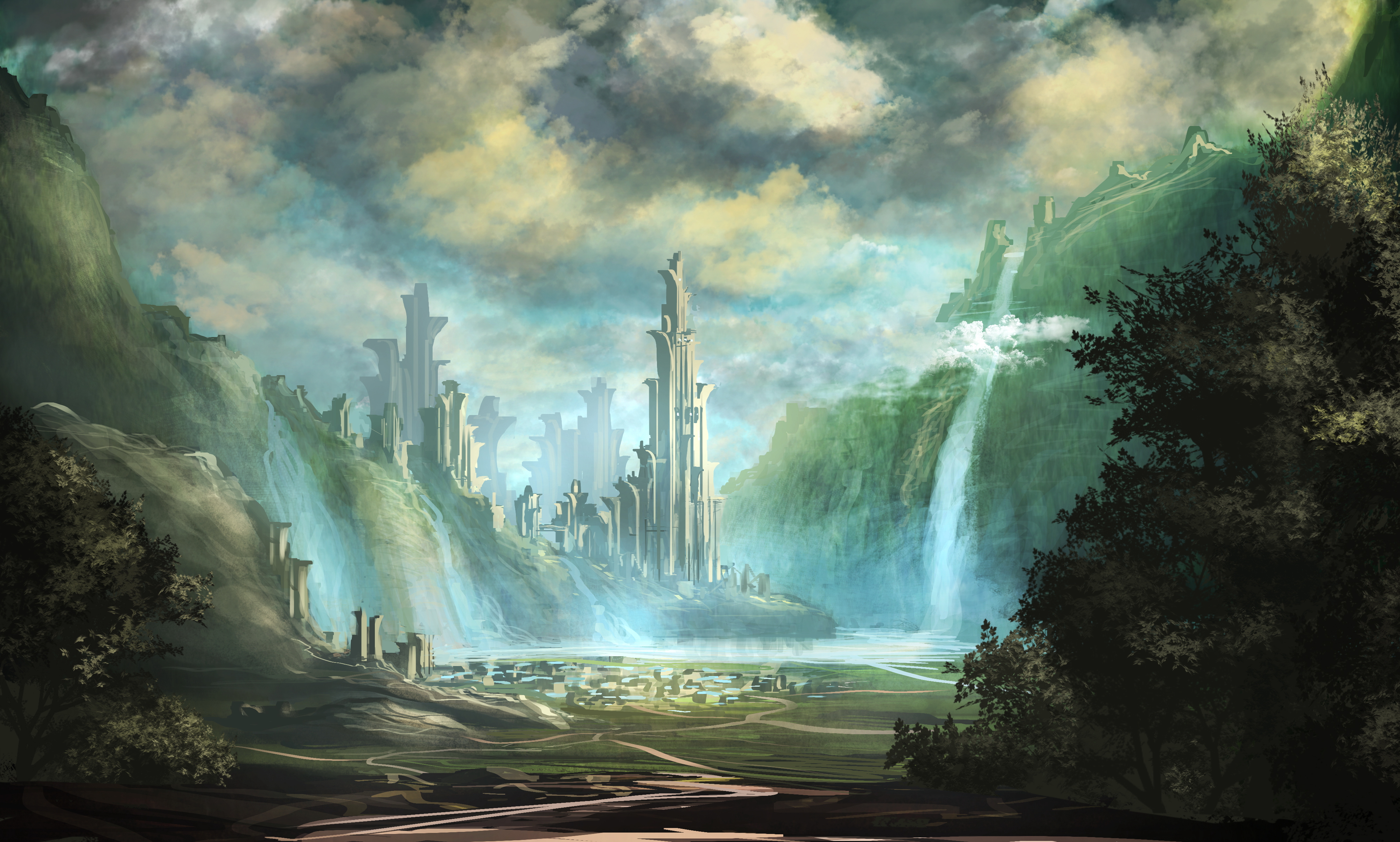 Free download wallpaper Landscape, Fantasy, City, Waterfall on your PC desktop