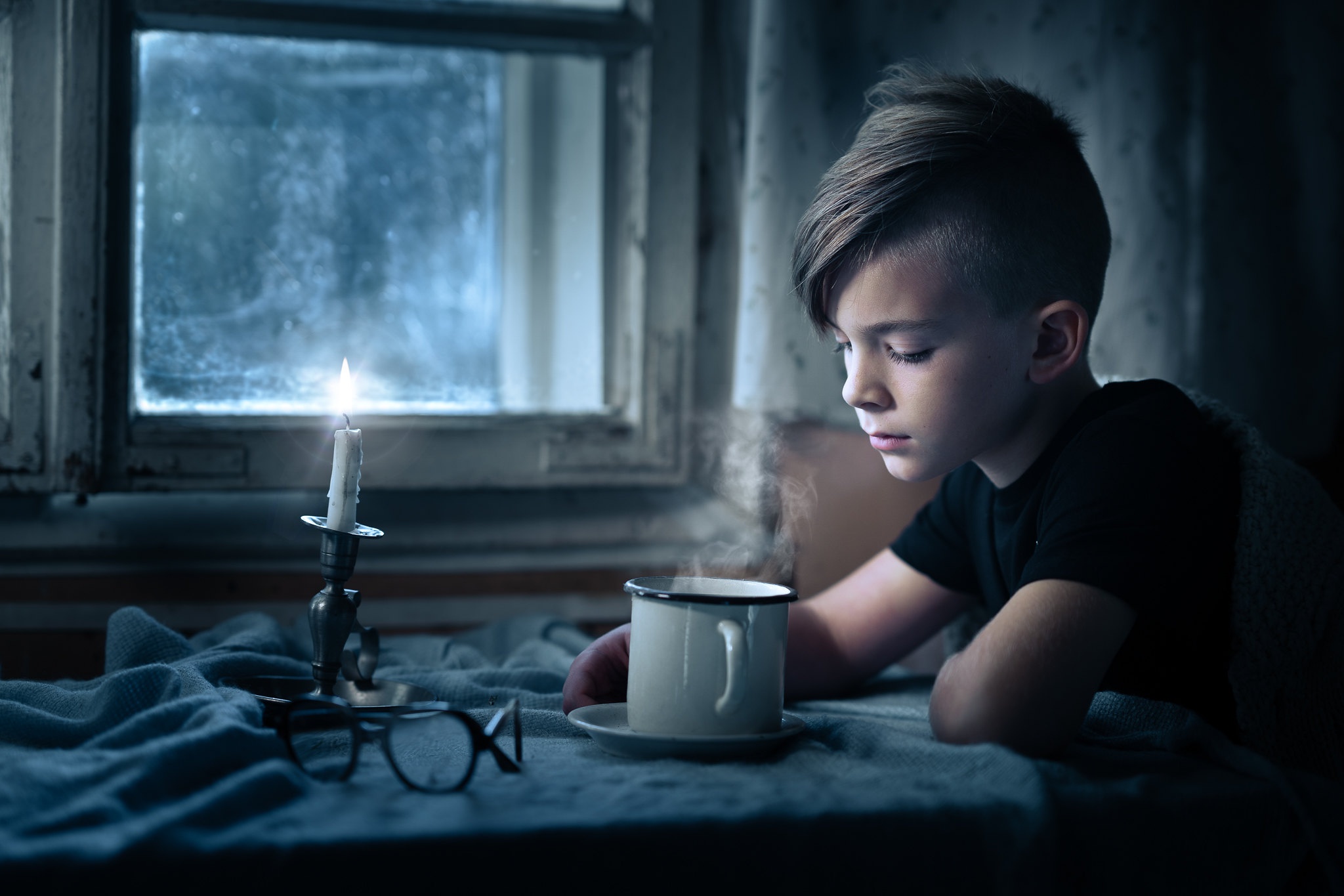 Download mobile wallpaper Window, Mood, Child, Candle, Mug, Photography for free.