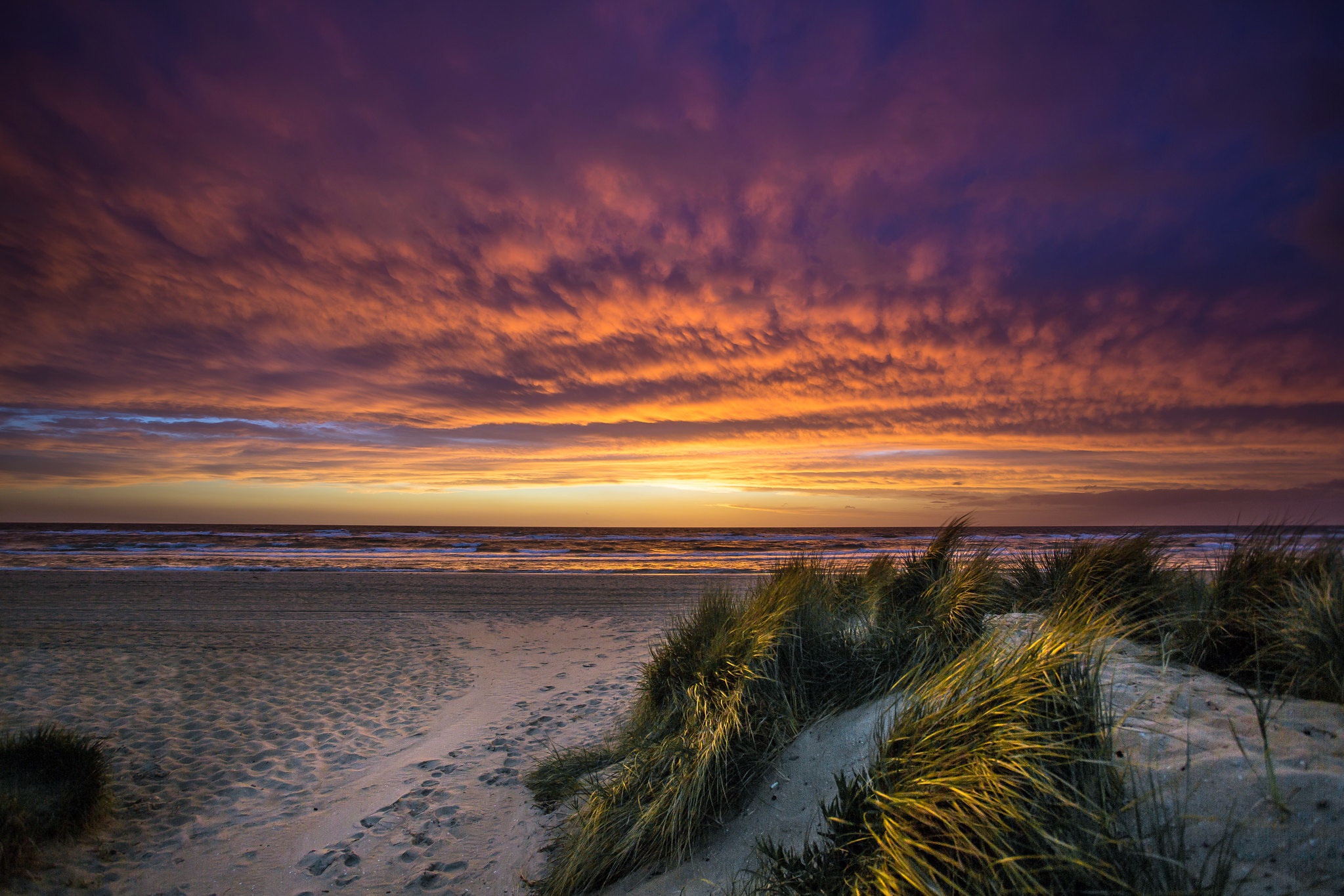 Download mobile wallpaper Nature, Sunset, Sky, Beach, Sand, Horizon, Ocean, Earth for free.