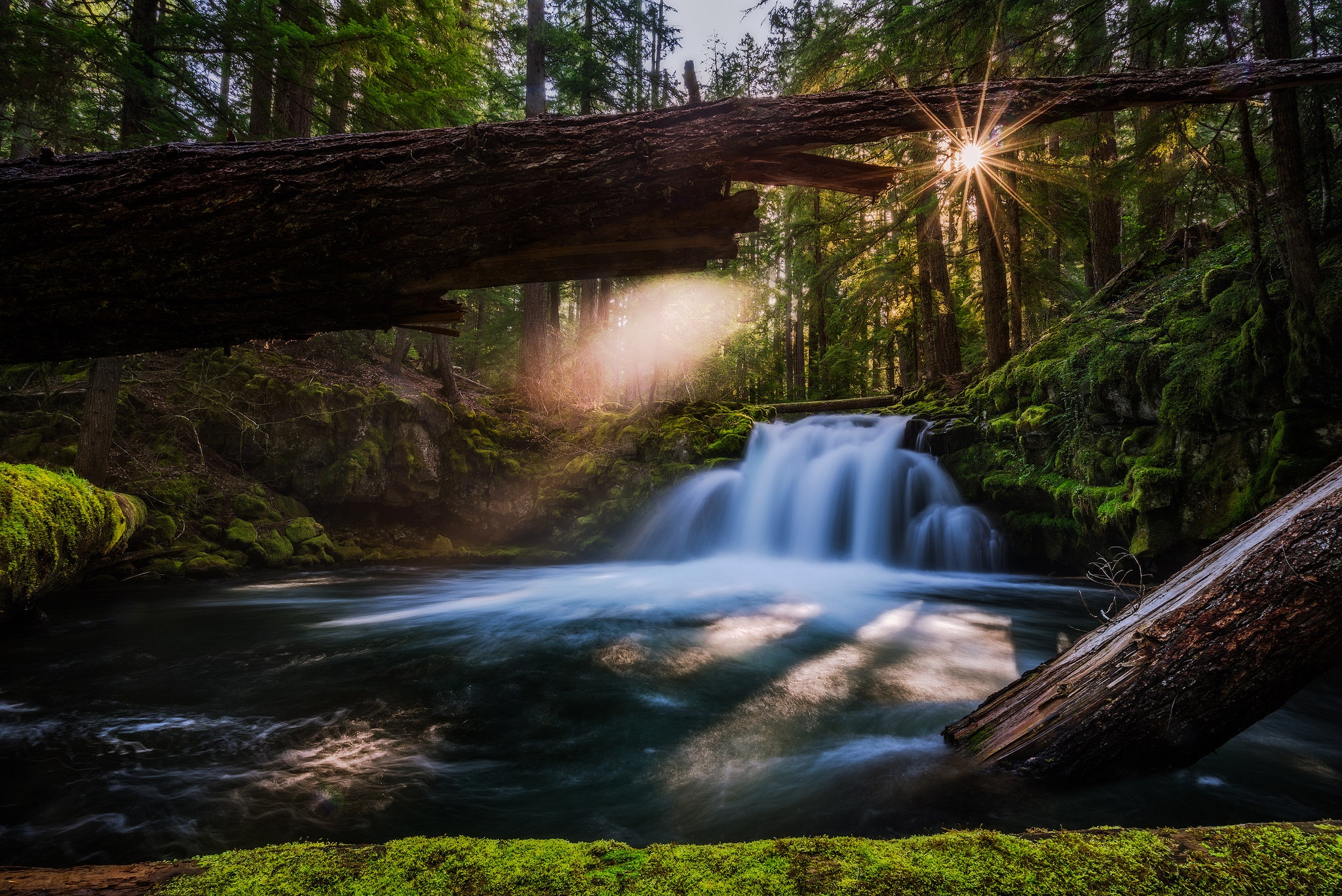 Free download wallpaper Nature, Waterfalls, Waterfall, Forest, Earth, Sunbeam on your PC desktop