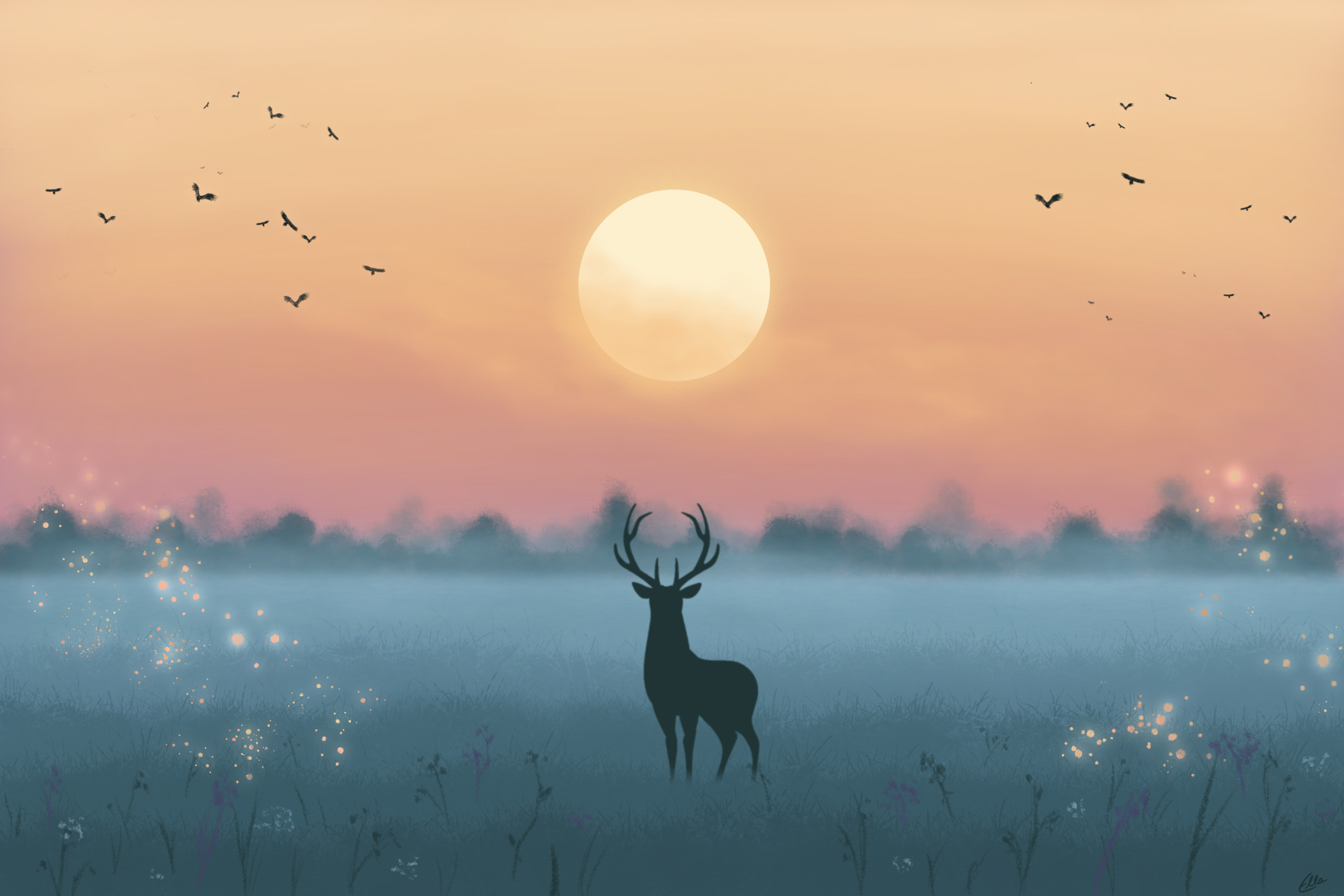 deer, art, night, moon, silhouette