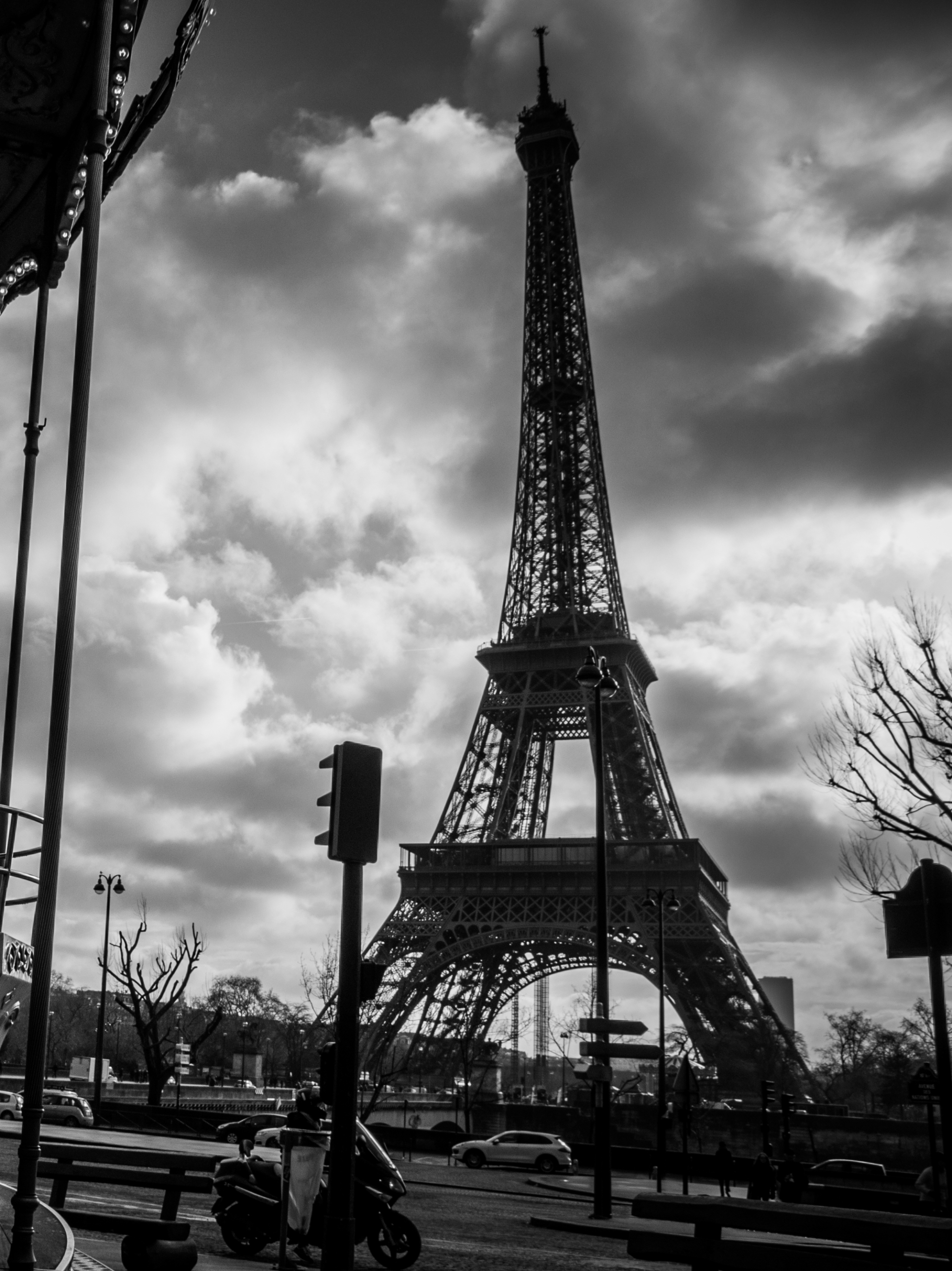 man made, eiffel tower, france, carousel, paris, black & white, monuments 8K