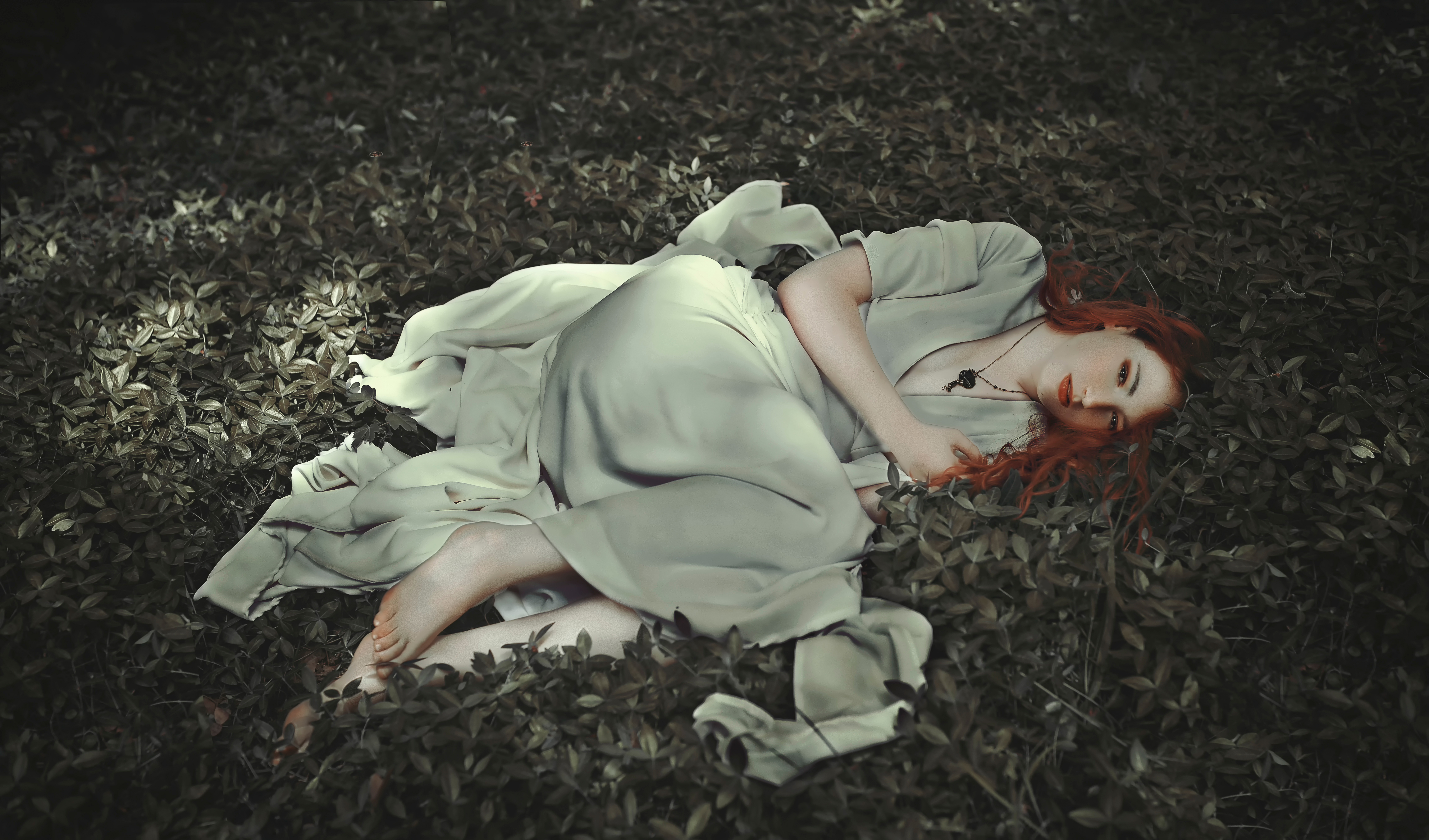 Download mobile wallpaper Redhead, Dress, Model, Women, Necklace, Lying Down for free.