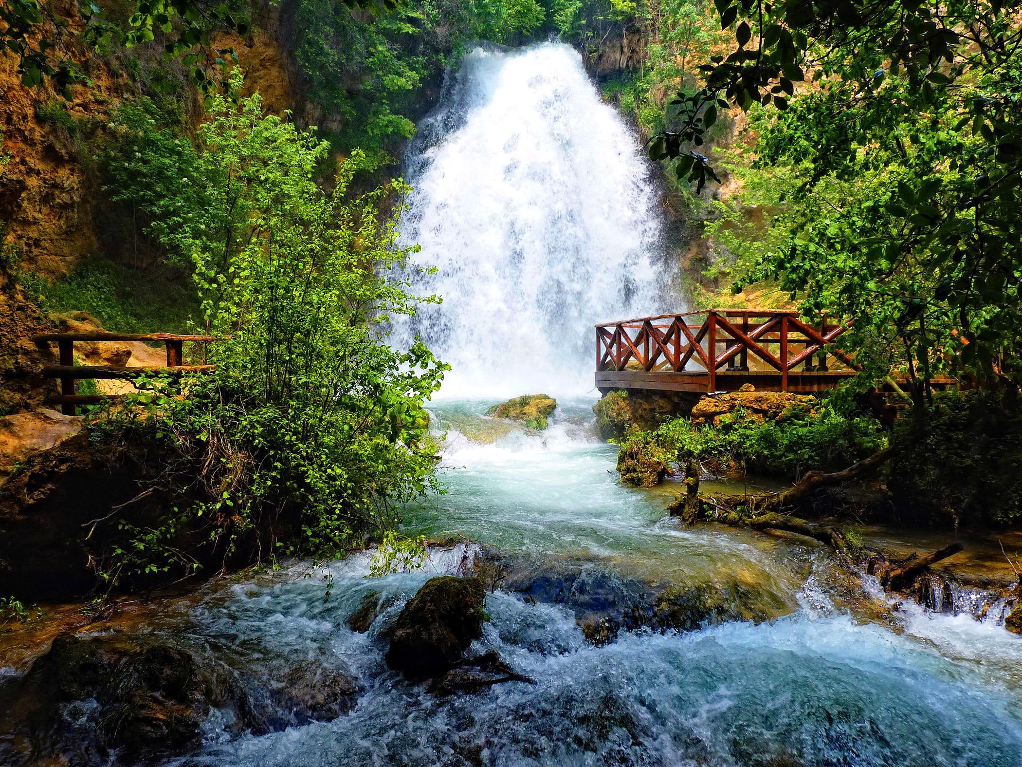 Download mobile wallpaper Nature, Waterfalls, Waterfall, Forest, Tree, Earth, River for free.