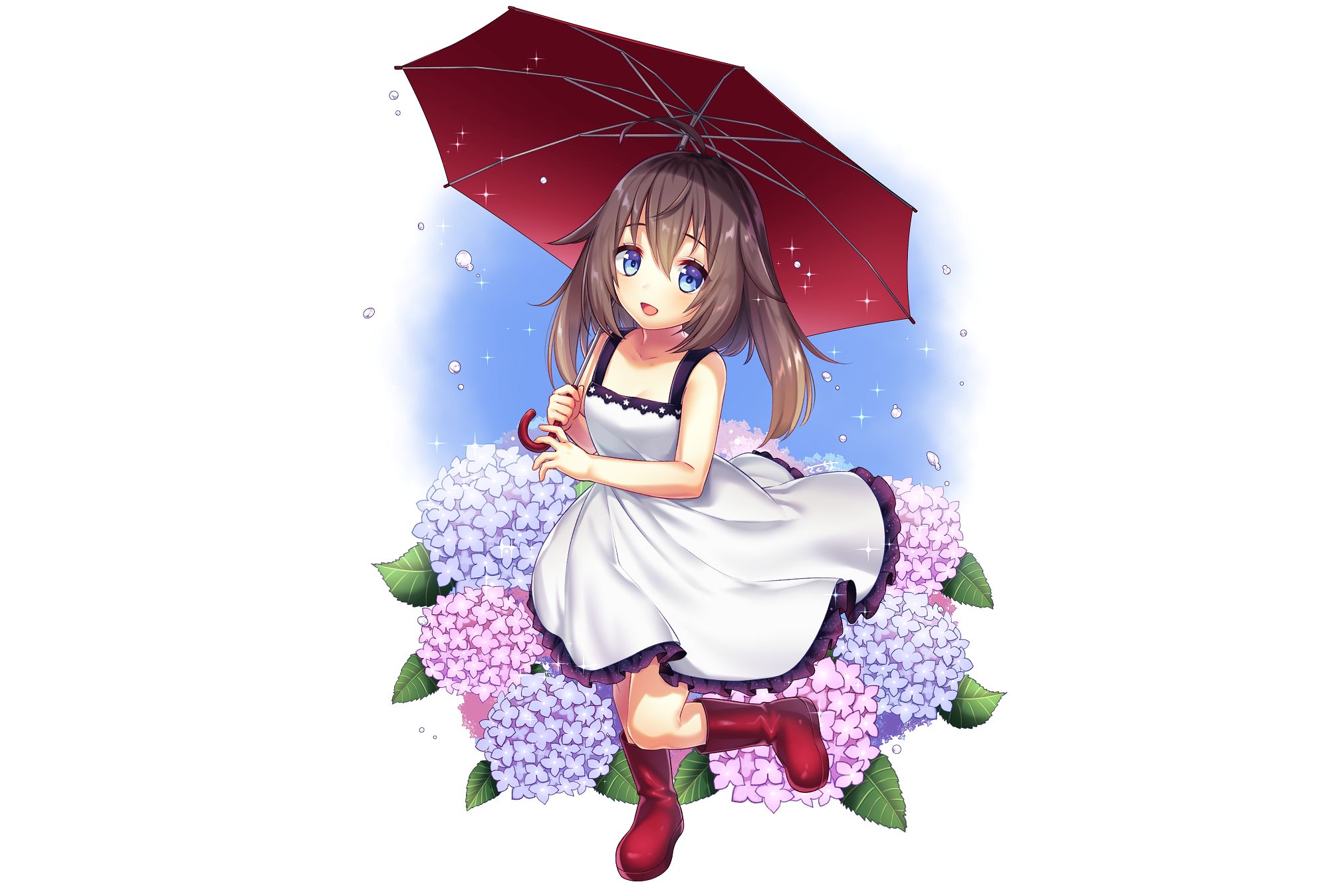 Baixe gratuitamente a imagem Anime, Flor, Guarda Chuva, Olhos Azuis, Vestir, Original, Cabelo Castanho na área de trabalho do seu PC