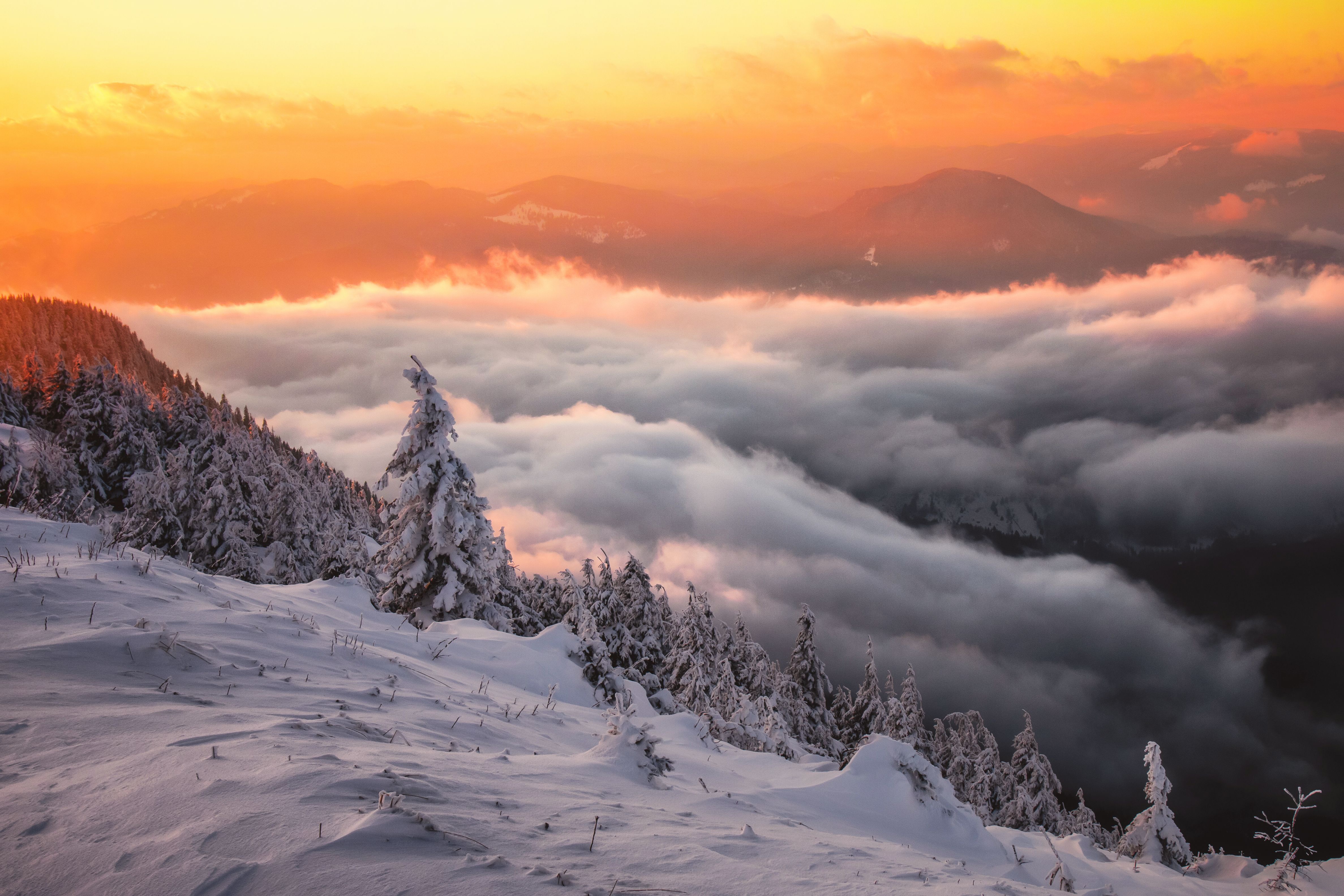 PCデスクトップに風景, 冬, 自然, 日没, 雪, 山, 地球, クラウド画像を無料でダウンロード