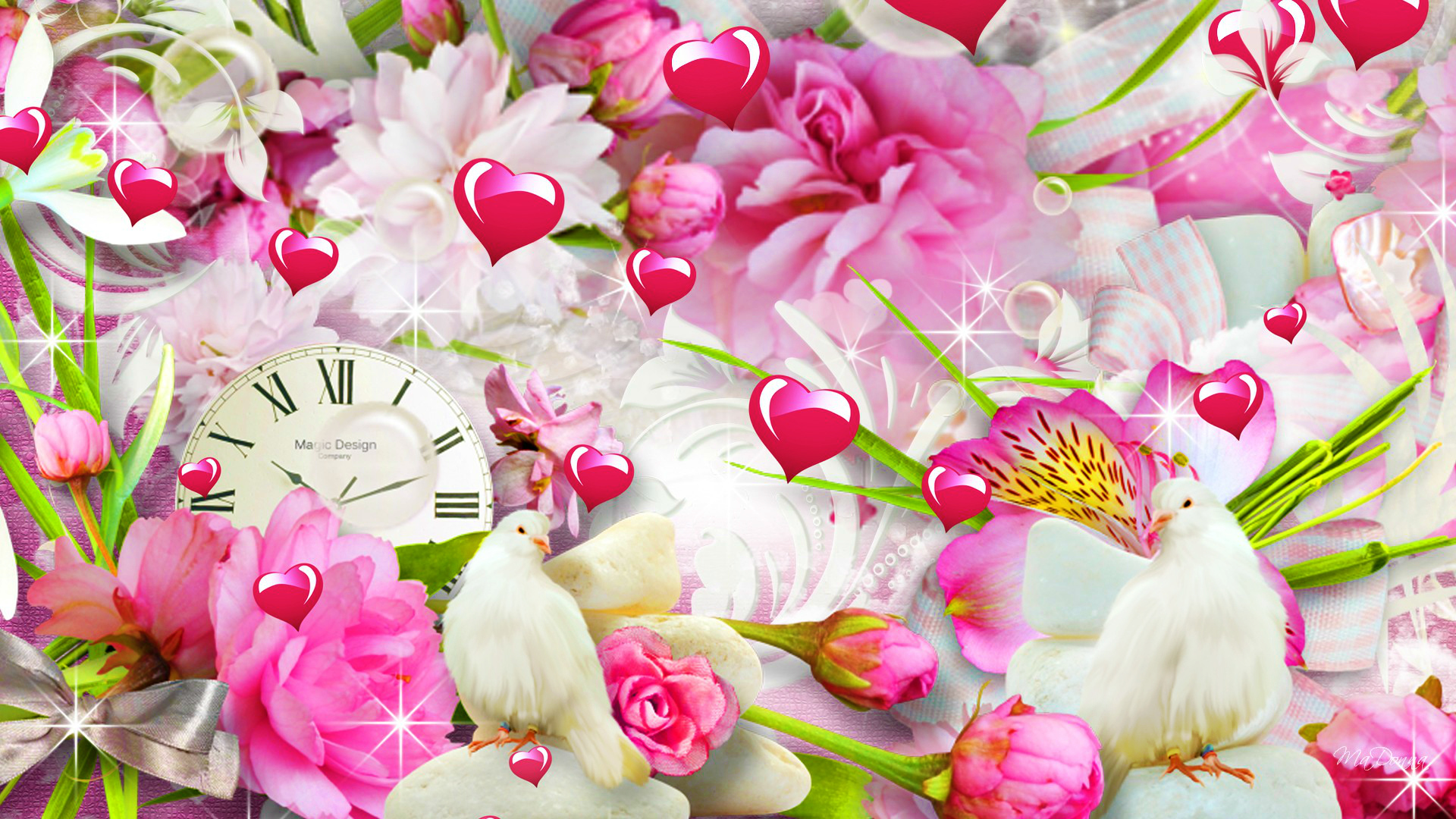 無料モバイル壁紙フラワーズ, ピンク, 時計, 花, 芸術的, 心臓をダウンロードします。