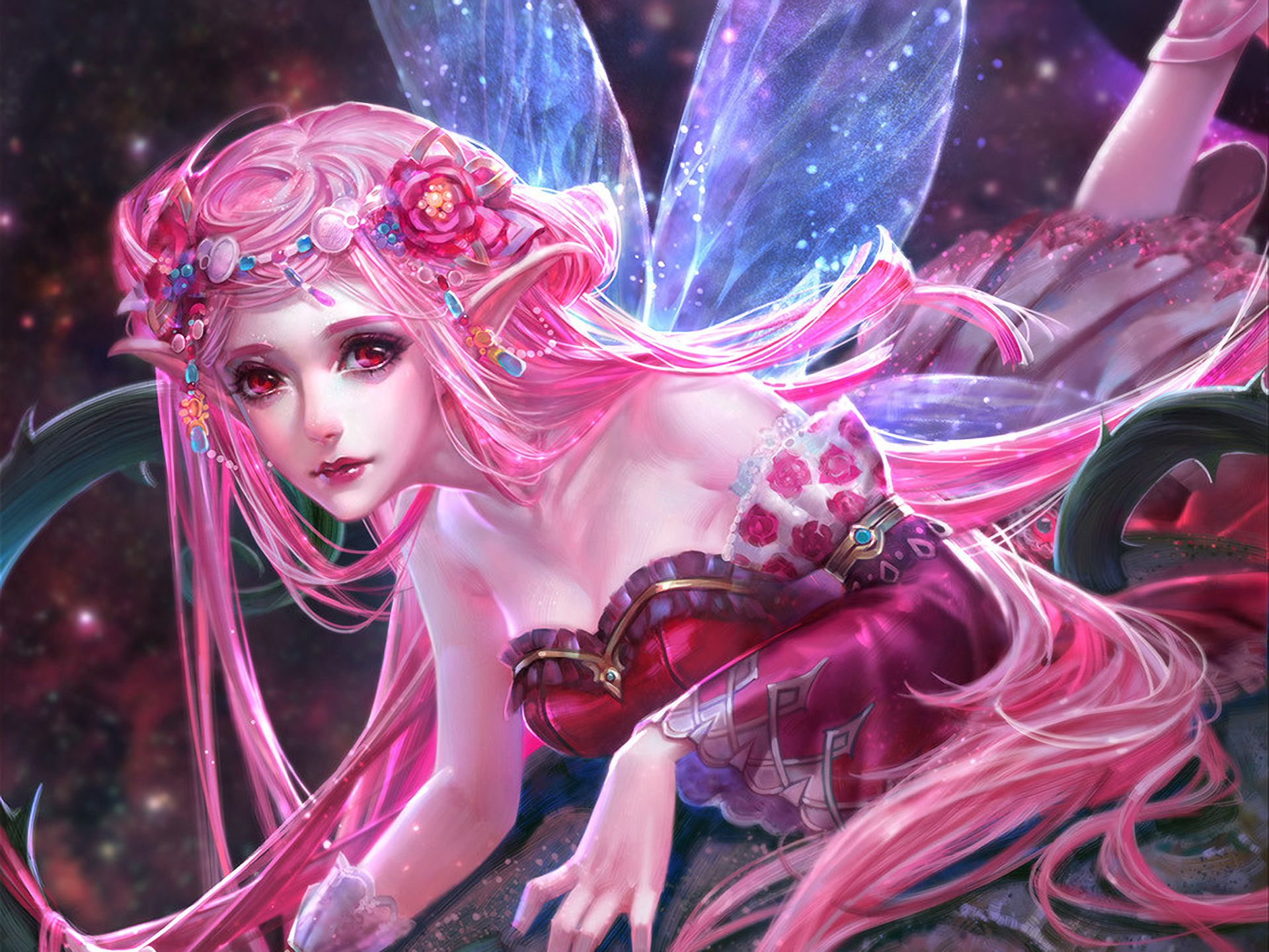 無料モバイル壁紙ファンタジー, 妖精, ピンクの髪, 長い髪, 赤い目, 先のとがった耳をダウンロードします。
