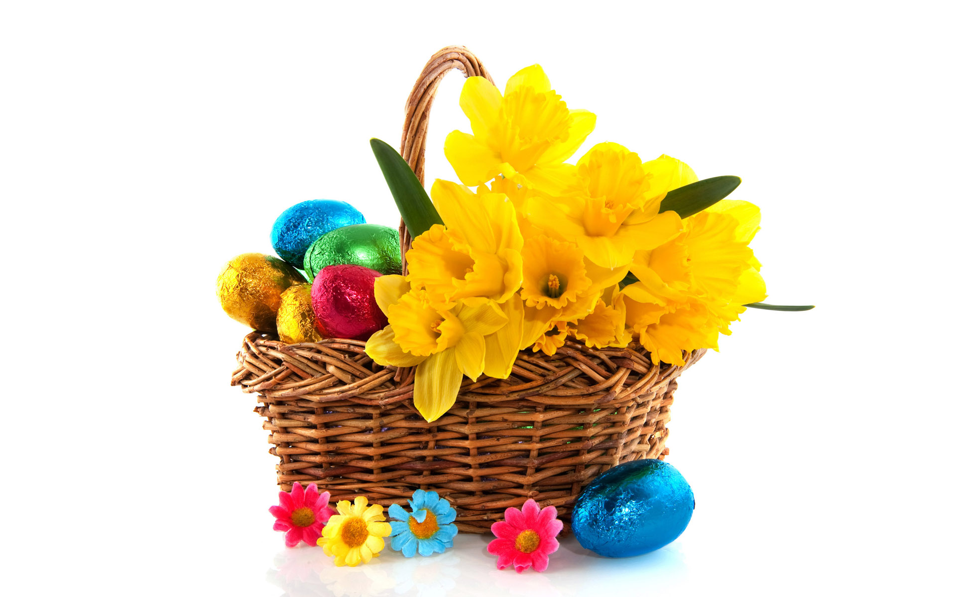 Скачати мобільні шпалери Великдень, Квітка, Свято, Барвистий, Кошик, Нарцис, Яйце, Жовта Квітка, Пасхальне Яйце безкоштовно.